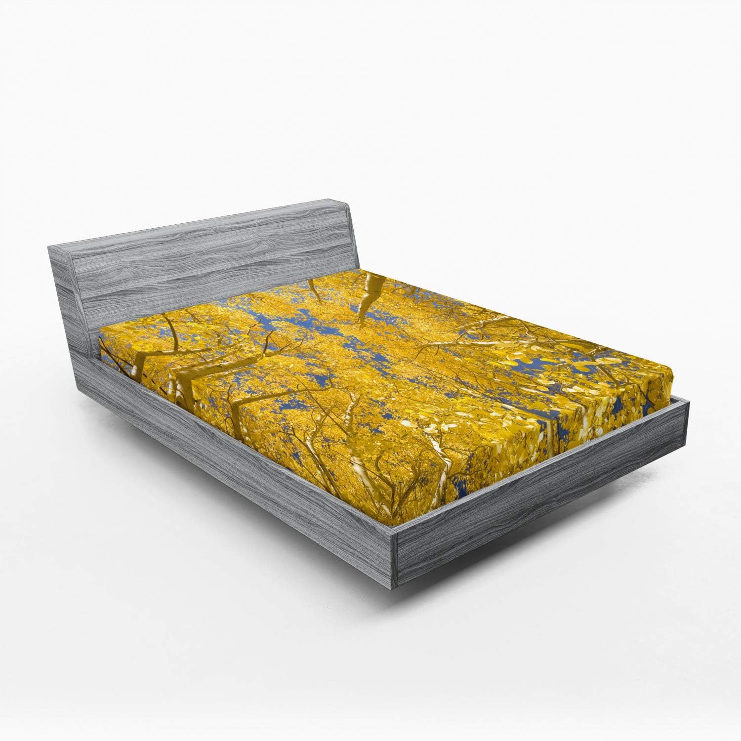 Ambesonne Yellow and Blue 2 Pack Fitted Sheet, Aspen Trees, Bed Cover All-Round Elastic Deep Pockets 2 Pieces, Package Contains 2 Queen Size Fitted Sheets, Yellow