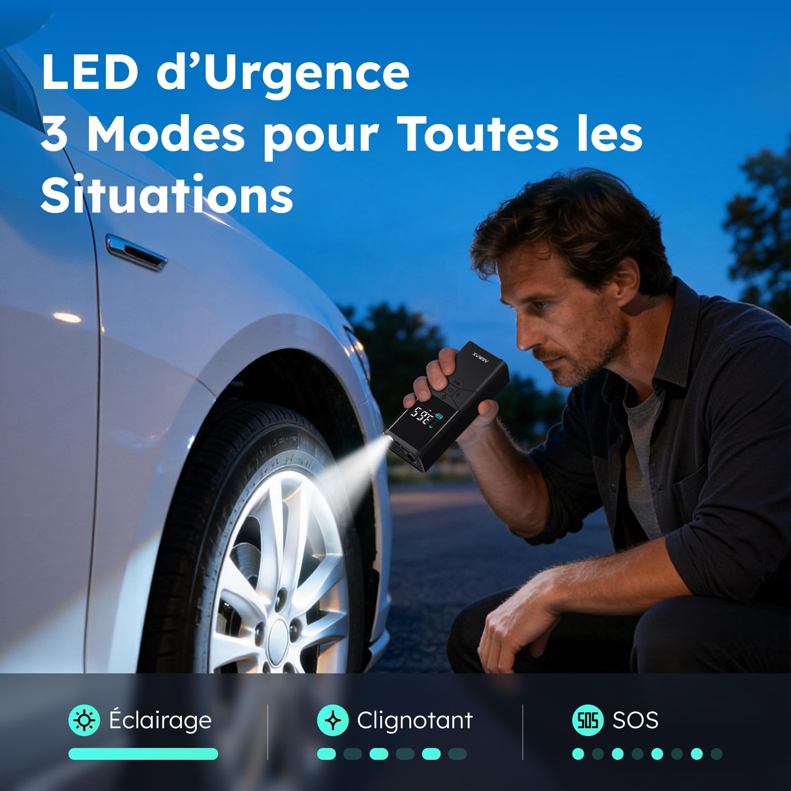 ASMAX T40 Compresseur d'air portable, 150 PSI Gonfleur de pneus | Avec écran numérique flottant, arrêt automatique intelligent, lumière LED, pompe à air pour voiture, moto, vélo et ballons