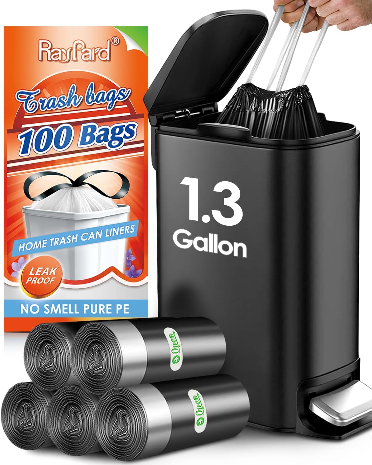 1.3 Gallon 100 Counts Strong Drawstring Trash Bags Garbage Bags by RayPard, 1, 1.2, 1.3 Gal Small Plastic Bags, Trash Can Liners for Home Office Kitchen Bathroom Bedroom, Waste Basket Liners (Black)
