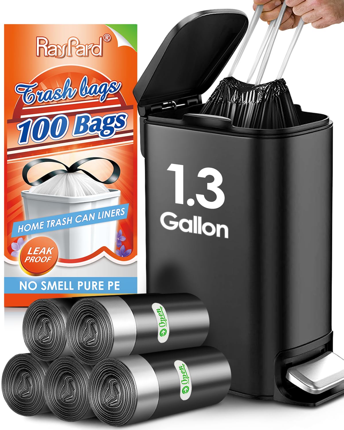 Photo 1 of 1.3 Gallon 100 Counts Strong Drawstring Trash Bags Garbage Bags by RayPard, 1, 1.2, 1.3 Gal Small Plastic Bags, Trash Can Liners for Home Office Kitchen Bathroom Bedroom, Waste Basket Liners (Black)