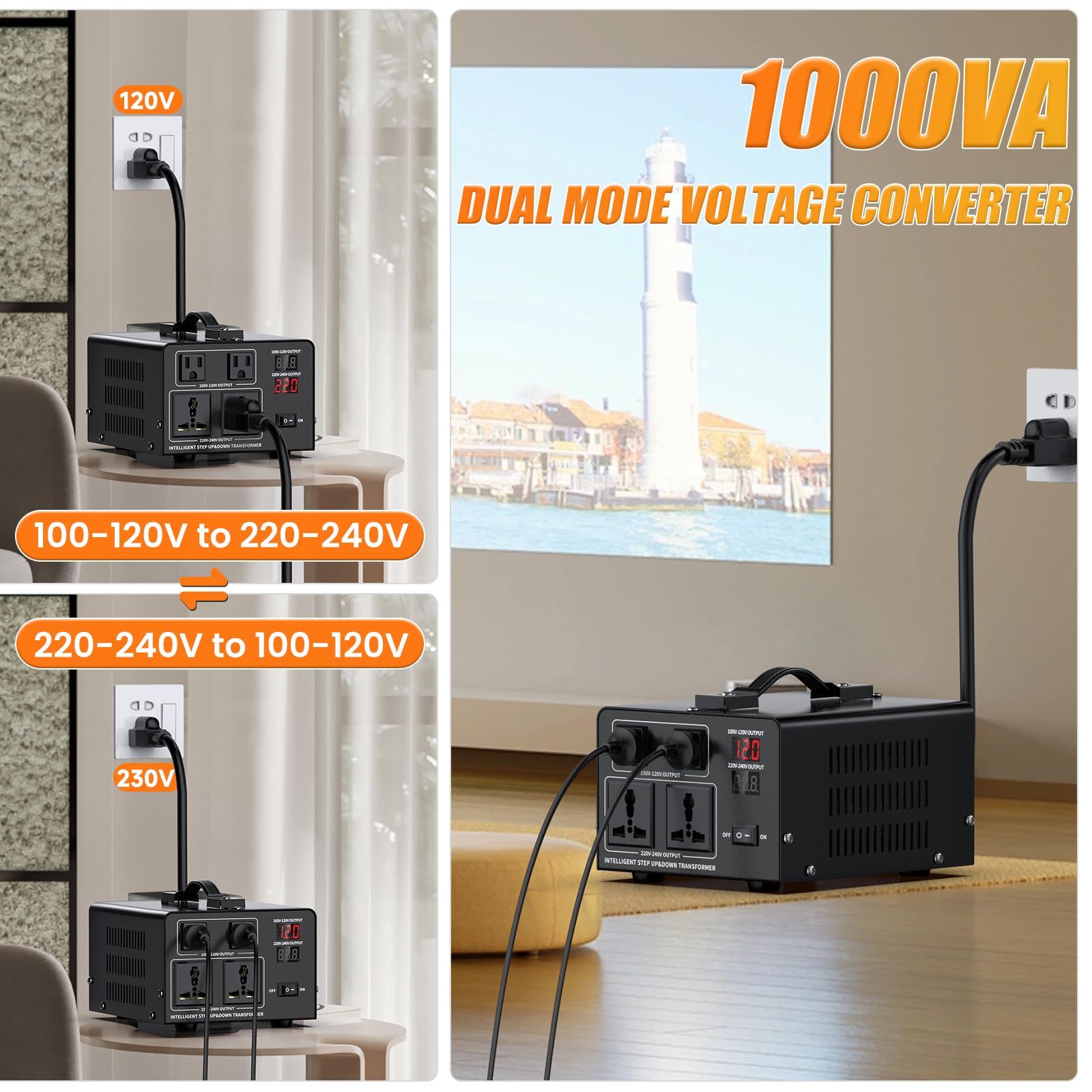 Convertidor de voltaje de 1000 W, transformador de 110 V/120 V a 220 V/240 V o reductor de 220 V a 110 V CA, protección de disyuntor, 2 enchufes de EE. UU., 2 enchufes universales, pantalla LCD