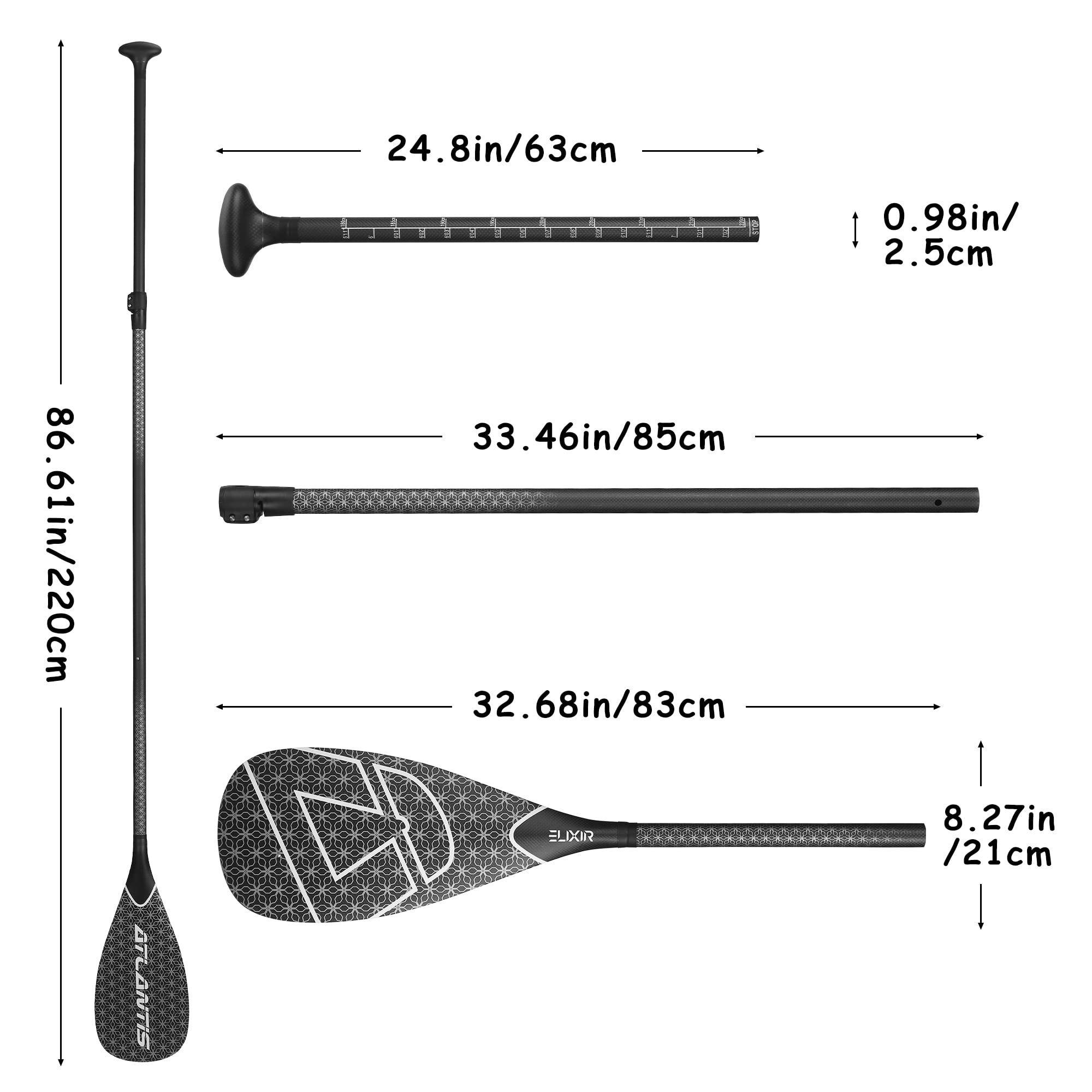AQUBONA SUP-Paddel, 3 Stück, 100 % Kohlefaser, verstellbar, Stand-Up-Paddelboard, tragbar, langlebig, schwimmendes Paddelbrett, (F) (schwarz)