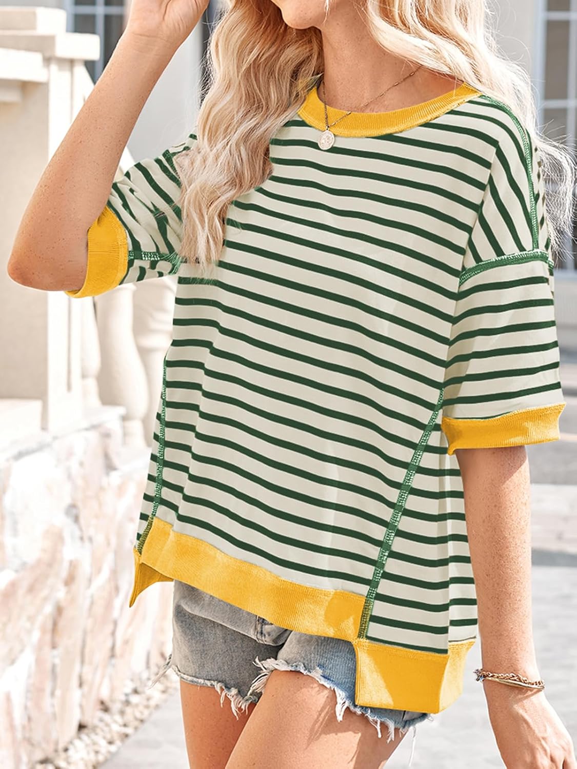 Poetsky Womens Oversized Tops Casual Short Sleeve Striped Shirts Summer Crewneck Pullover Sweatshirt Loose Blouses - Image 4