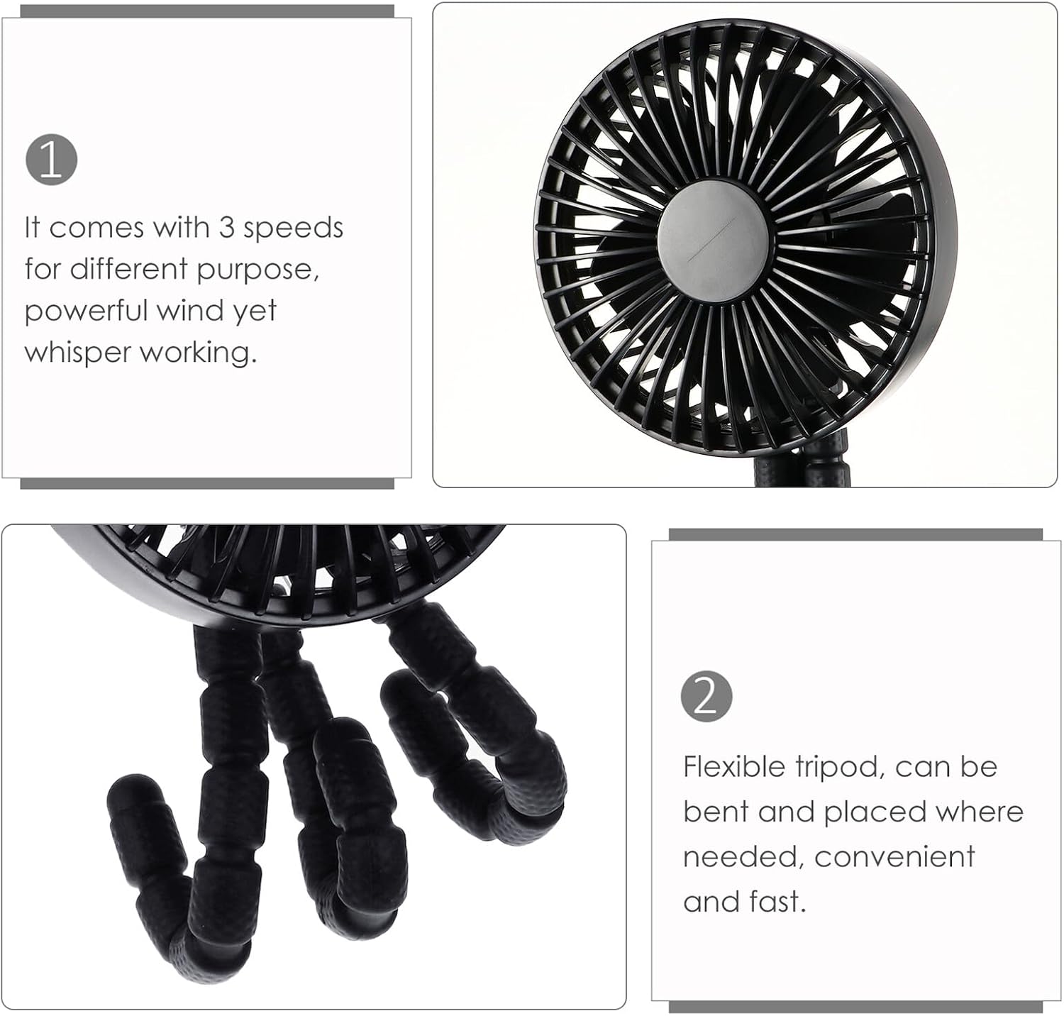 Portable Stroller Fan with Tripod Mini Clip-on Cooling Fan, USB Rechargeable Handheld Personal Air Cooler for Outdoor Travel and Office Use, Black