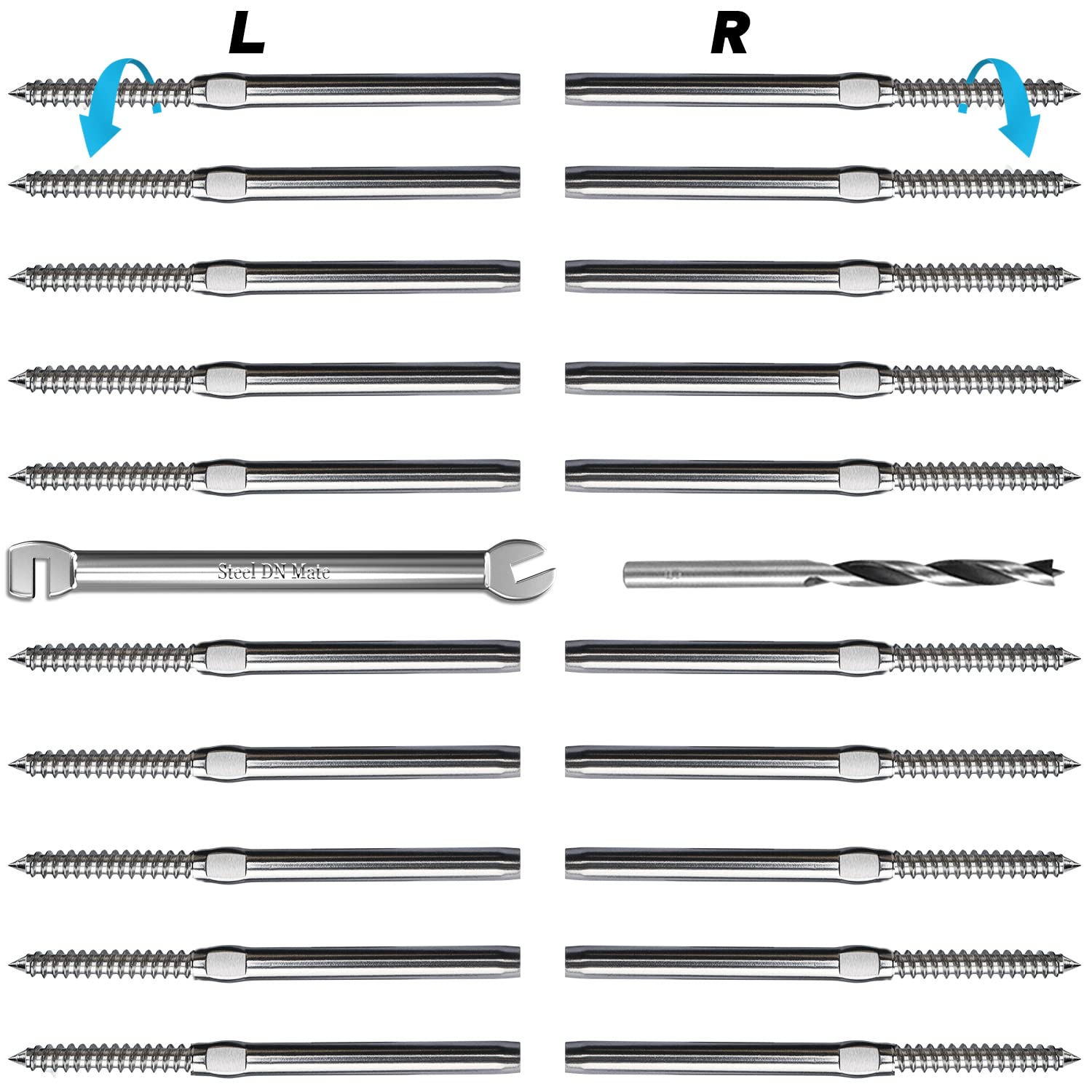 Steel DN Mate 20 Pack 3/16" Swage Lag Screws, T316 Stainless Steel Left & Right Handed Thread, 3/16" Cable Railing Kit for Wood Post, Deck Railing/Stair Railing, DIY Baluster Cable Railing Hardware