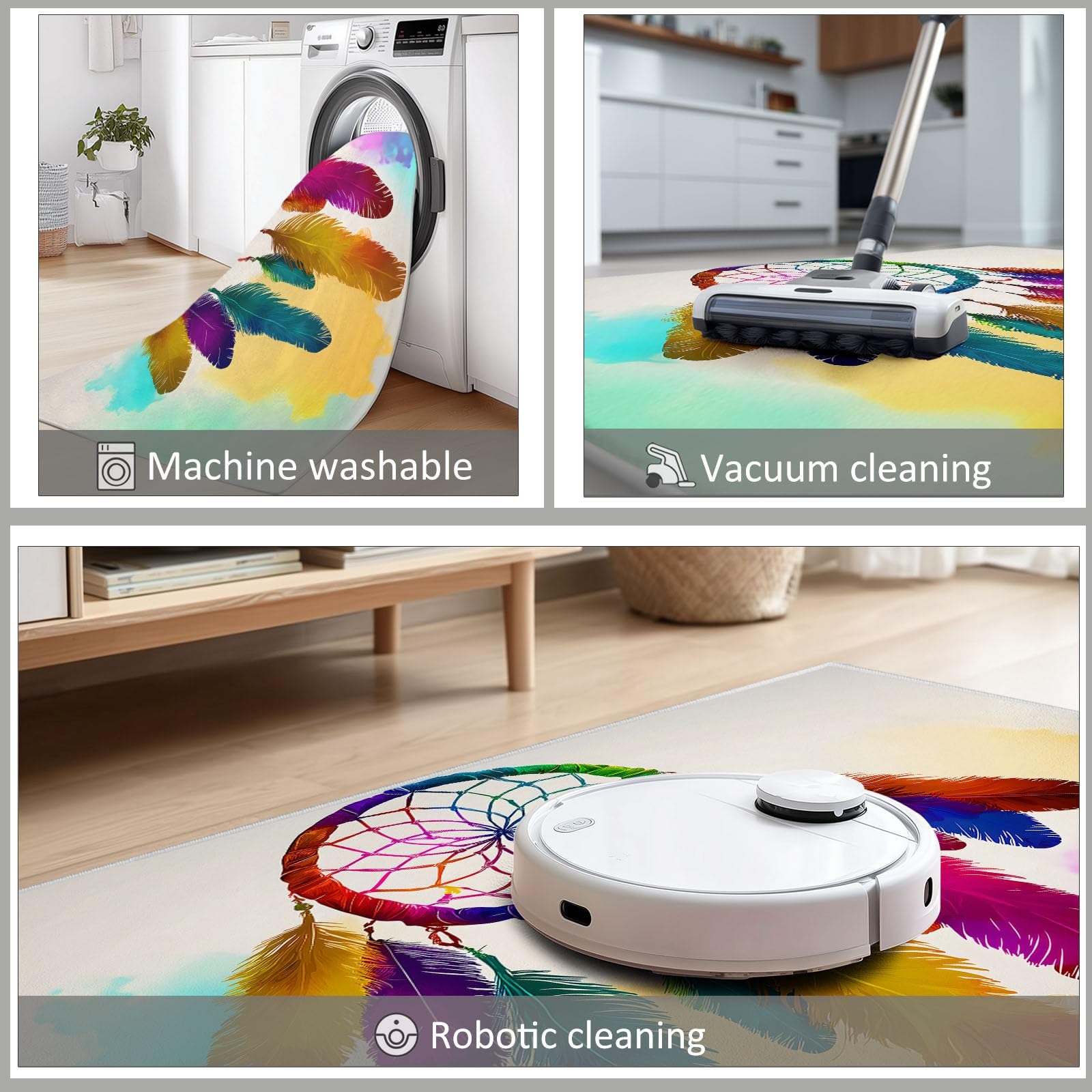 Waschbarer Wohnzimmer Teppich 80 x 150 cm, Traumhafter Kurzflor Teppich Schlafzimmer - Traumfänger Regenbogenfarben Federn Weicher Teppichläufer mit Rutschfester Rückseite für Esszimmer Büro