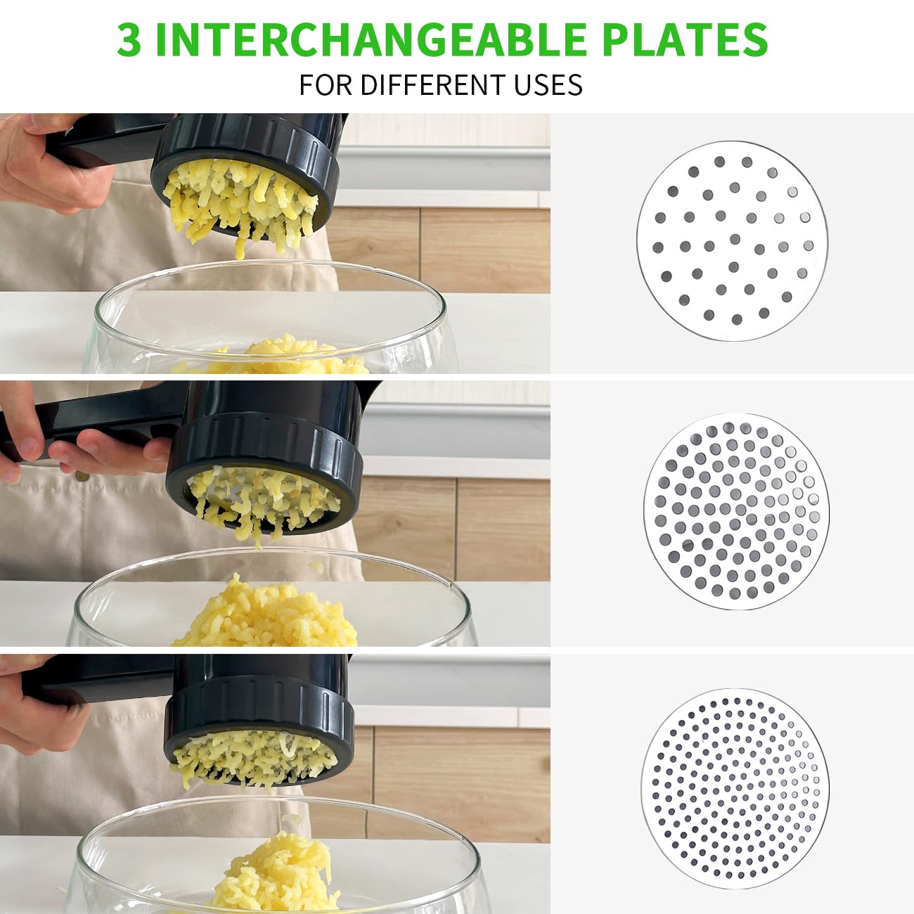 LHS Kartoffelpresse Kartoffelstampfer Kartoffelstampfer für Kartoffeln mit 3 austauschbaren Scheiben, Große Kapazität Kartoffelstampfer und Ricer Küchenwerkzeug für Obst, Gemüse, Babynahrung, Schwarz