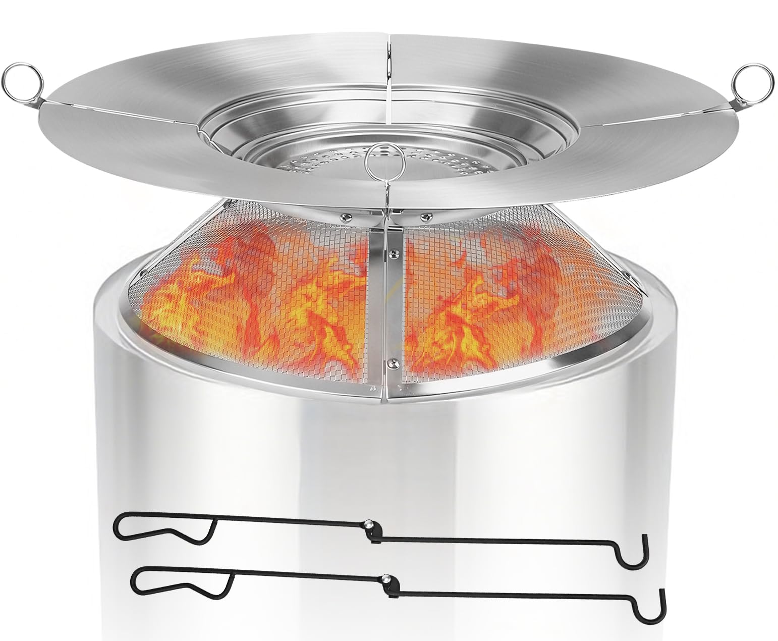Heat Deflector for Solo Stove Bonfire 19.5",Fire Pit Heat Deflector with Mesh Spark Screen&2 Pokers,304 Stainless Steel 2 in 1 Heat Diffuser for Solo Stove Bonfire Accessories Camping Capture Warmth