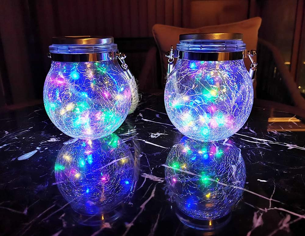 2 Pack Hanging Solar Powered LED Lights,Cracked Glass Ball Light, Waterproof Outdoor Christmas Decorative Lantern for Garden, Yard, Patio, Lawn (Colorful)