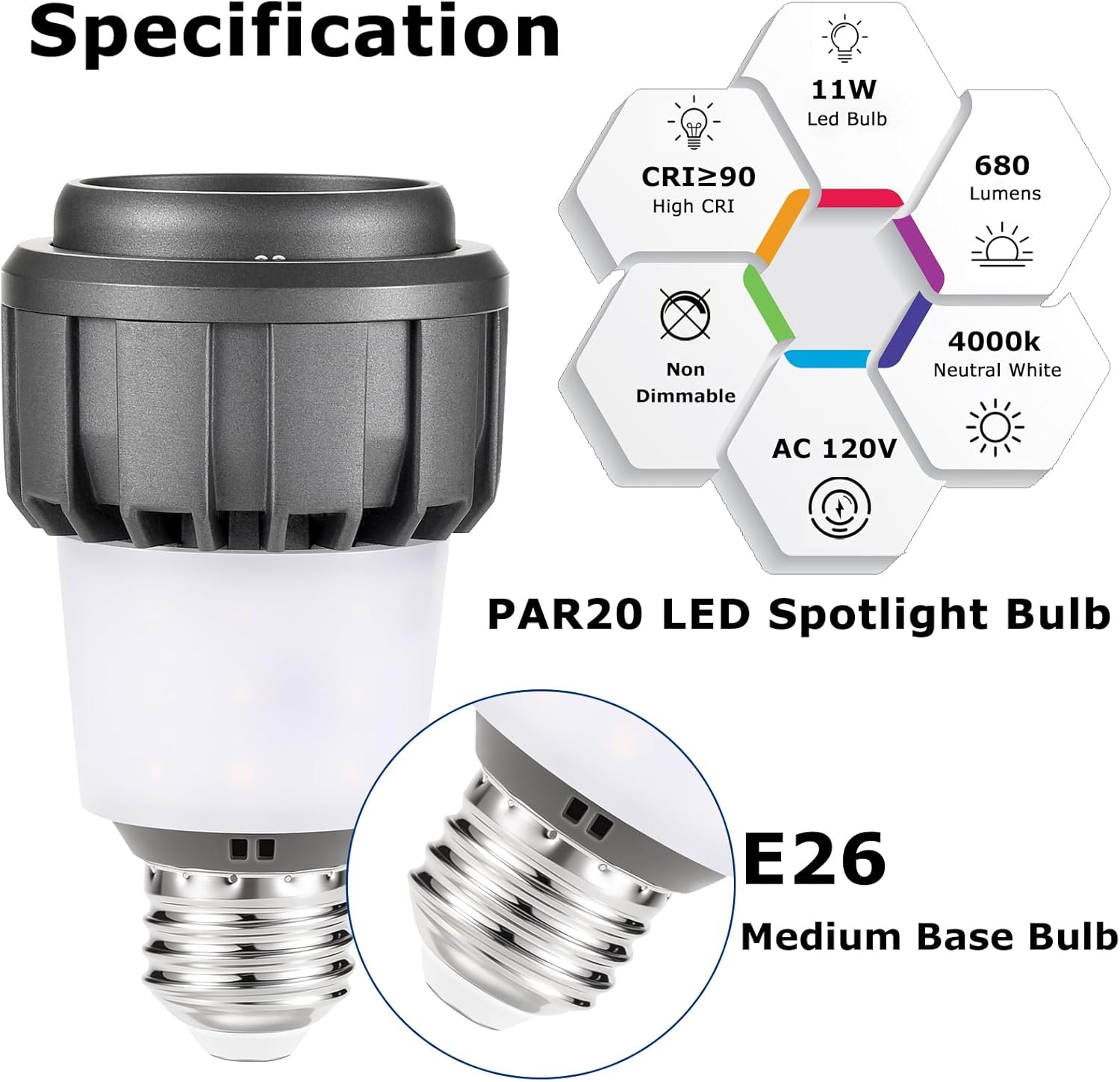 PAR20 Spotlight Bulb, E26, 15-60° Adjustable Beam Angle, 11W 4000K Neutral White for Accent Lighting in Home, Kitchen, Restaurant, Silver Aluminum Housing