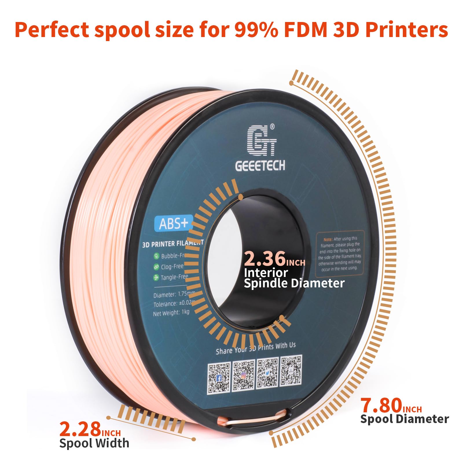 GEEETECH - Filamento in ABS+, 1,75 mm, per stampante 3D, 1 kg,per bobina, colore: rosa pallido (Skin)