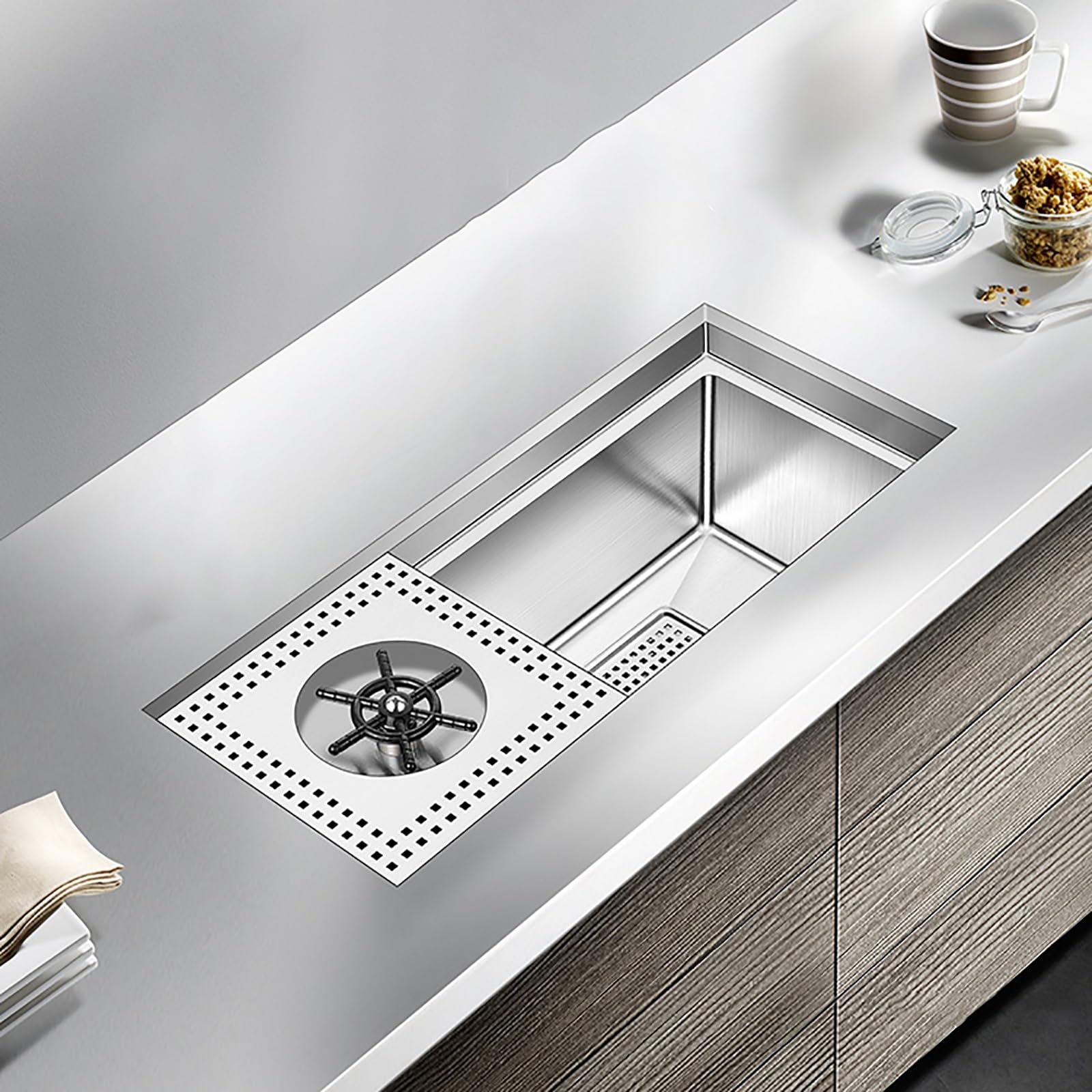 Lavabo Acero Inoxidable con Enjuagador de Vasos, Lavavasos de Encastre para Fregadero de Cocina, Componentes de Drenaje, Ideal para Bares, Cafeterías, Cocinas