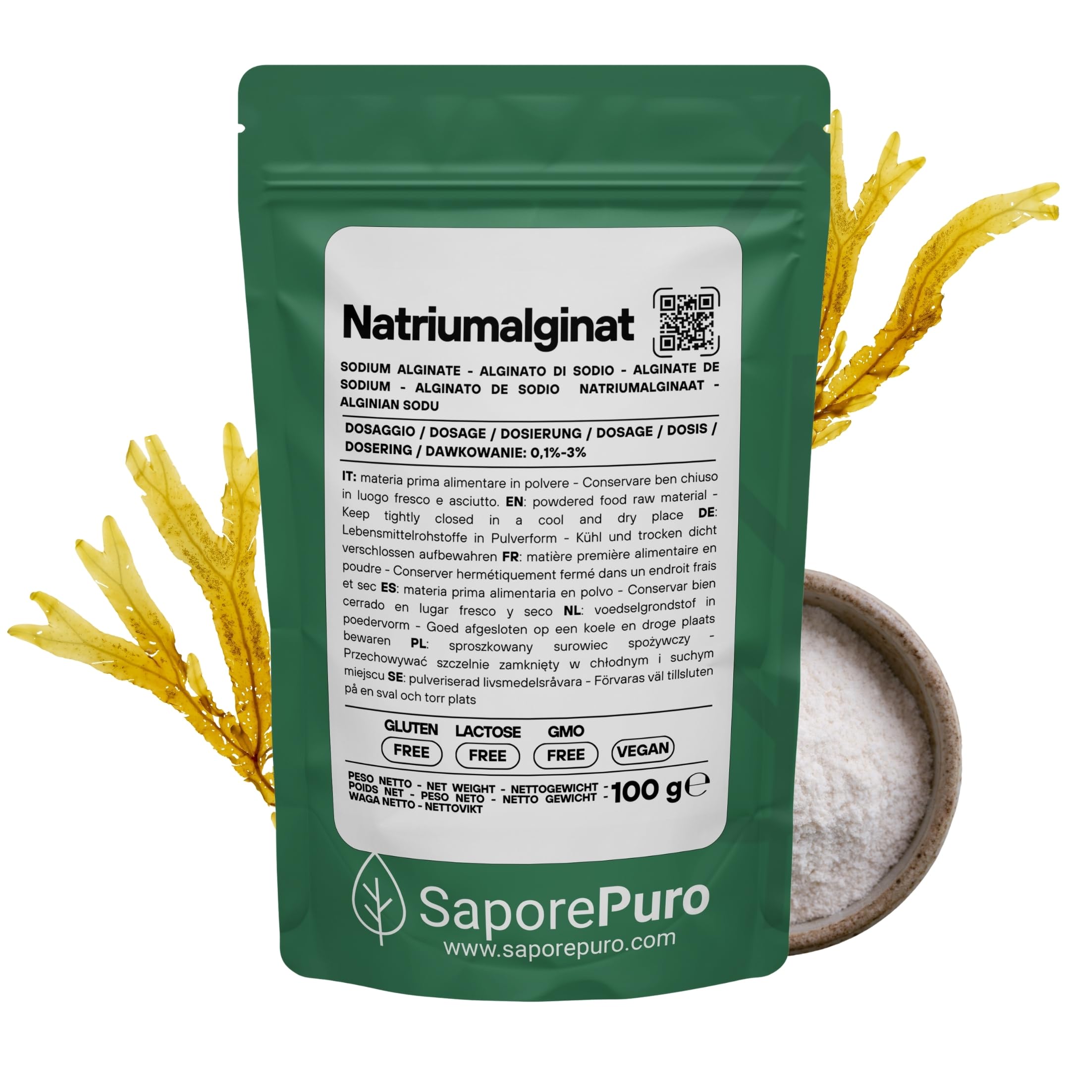 SaporePuro Natriumalginat Pulver 100 g – Verdickungs-, Gelier- und Stabilisierungsmittel – Ideal für Molekularküche – Glutenfrei