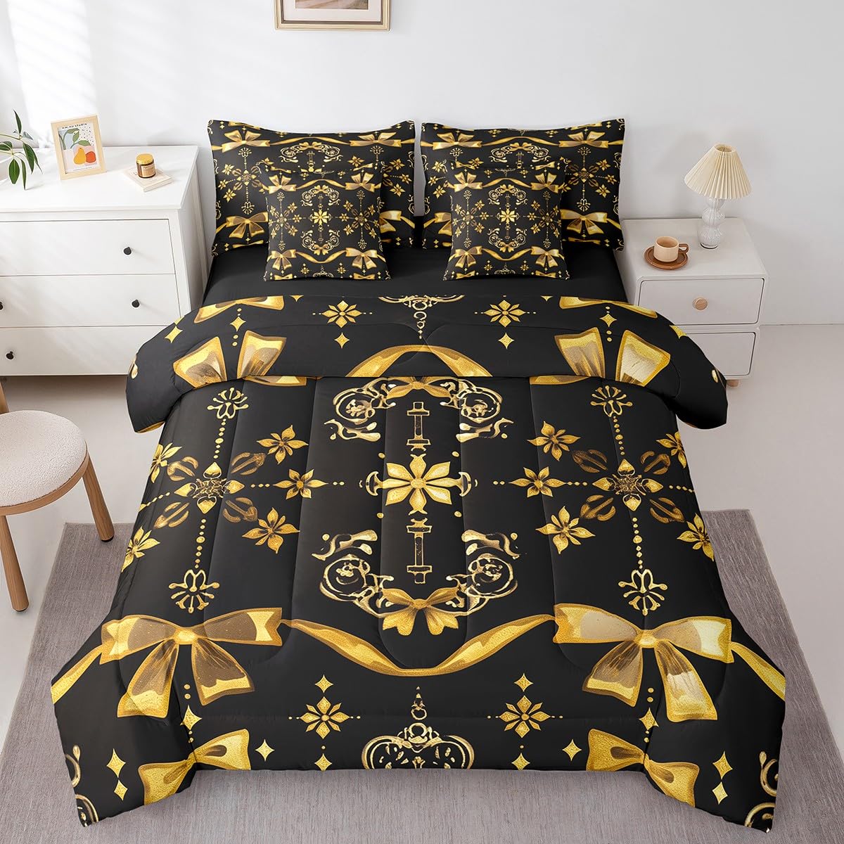 Erosebridal Golden Bowknot Bedding Set Exotic Bow Queen Comforter Set 7 Piece for Kids Teen Adults Room Decor,Geometric Butterfly Knot Bed in A Bag Black Golden Bow Sheet Set with Comforter