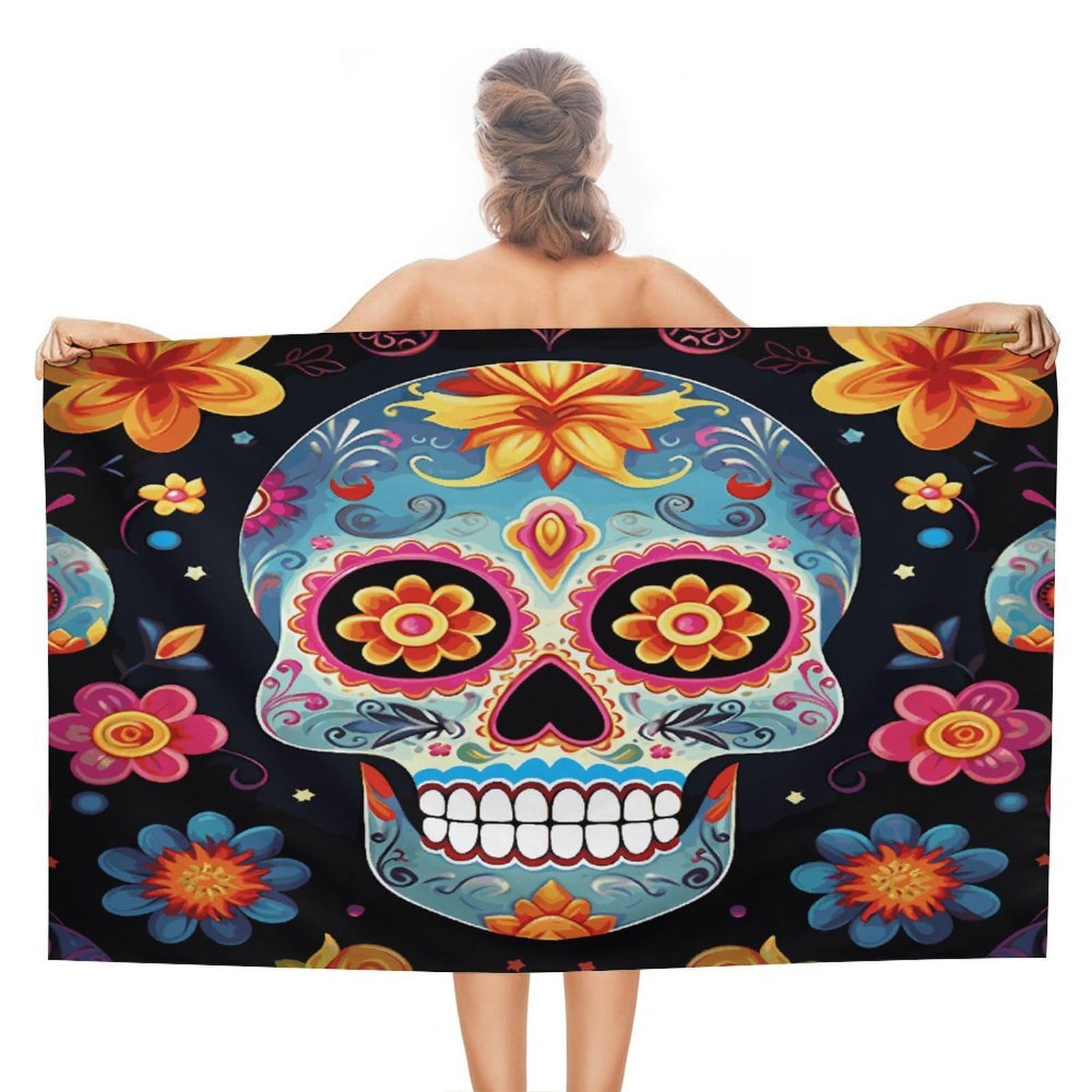 FekiLoot Sugar Skulls Beach Towel Absorbent & Quick Dry Pool Towels 31 X 51 Inches Extra Large Sandfree Beach Blanket Towels Soft Lightweight Travel Towel for Swim Yoga Camping