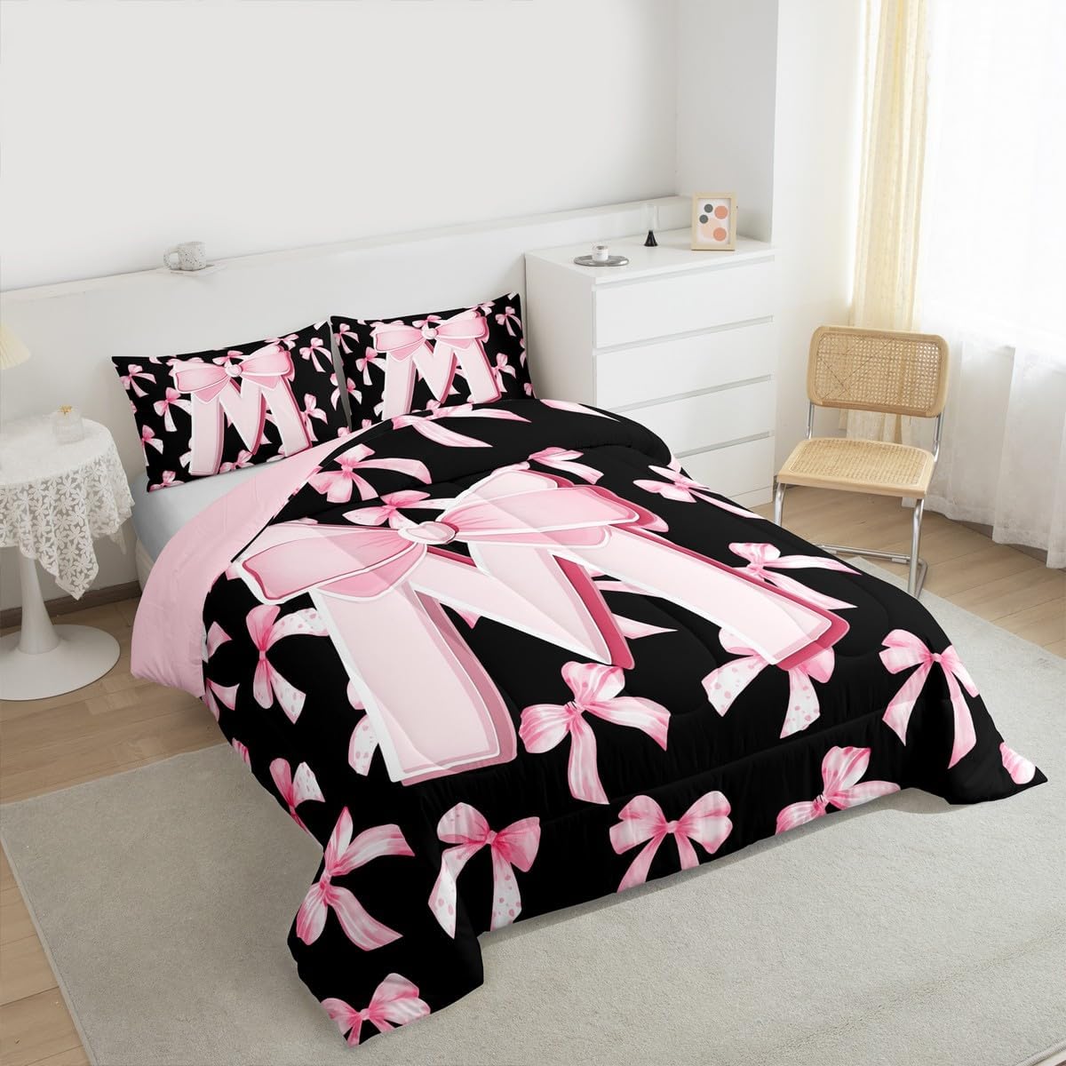 Feelyou Kids Girls Cute Pink Bow Comforter Set Twin Size Initial Letter M Bedding Set Coquette Bow Knot Duvet Quilt Monogrammed Room Decor Personalized Teen Girl Women Gifts 2 Pcs with 1 Pillow Cases