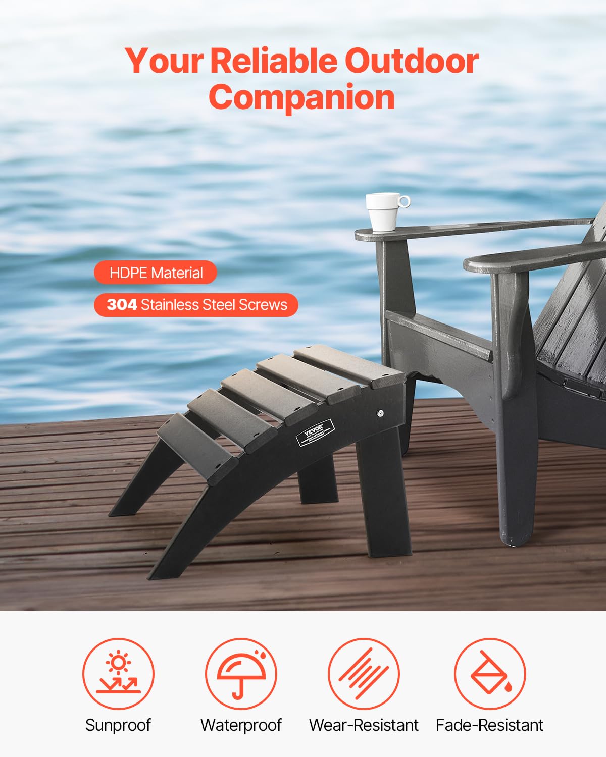 VEVOR Repose-pieds Pliable Adirondack, 475x500x330 mm, en PEHD, Résistant aux Intempéries pour Chaise Adirondack, Montage Facile, pour Extérieur, Patio, Porche, Piscine, Pelouse, Arrière-cour, Noir