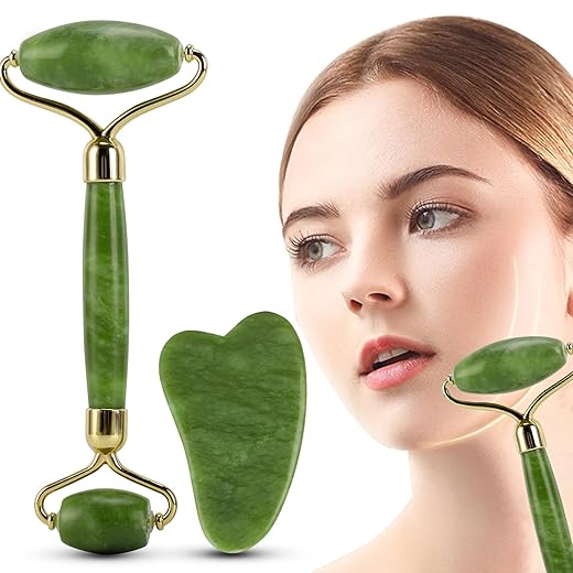 Jade Roller en Gua Sha Massager Tools, Jiasoval Anti-Aging Face Roller Massage, Facial Roller om rimpels te verminderen, wallen in de ogen, duurzame, geruisloze stenen massager kit voor gezicht, nek,