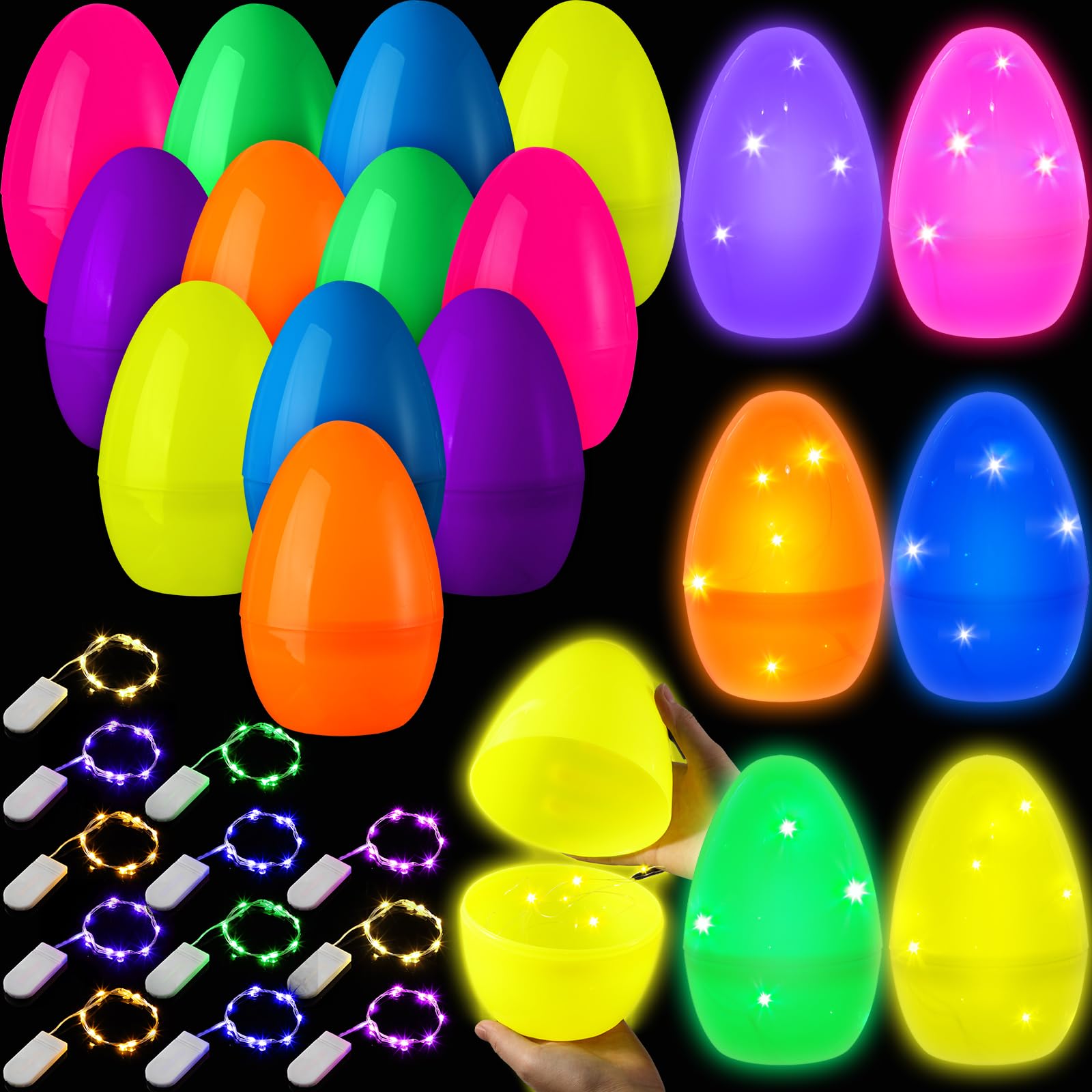 Lewtemi 8 Inch Jumbo Fillable Glow Easter Eggs with 48 Hours Glowing LED Lights Easter Basket Stuffers for Kids Colorful Bright Plastic Glow in the Dark Easter Egg for Hunt Party Decoration(24 Pcs)