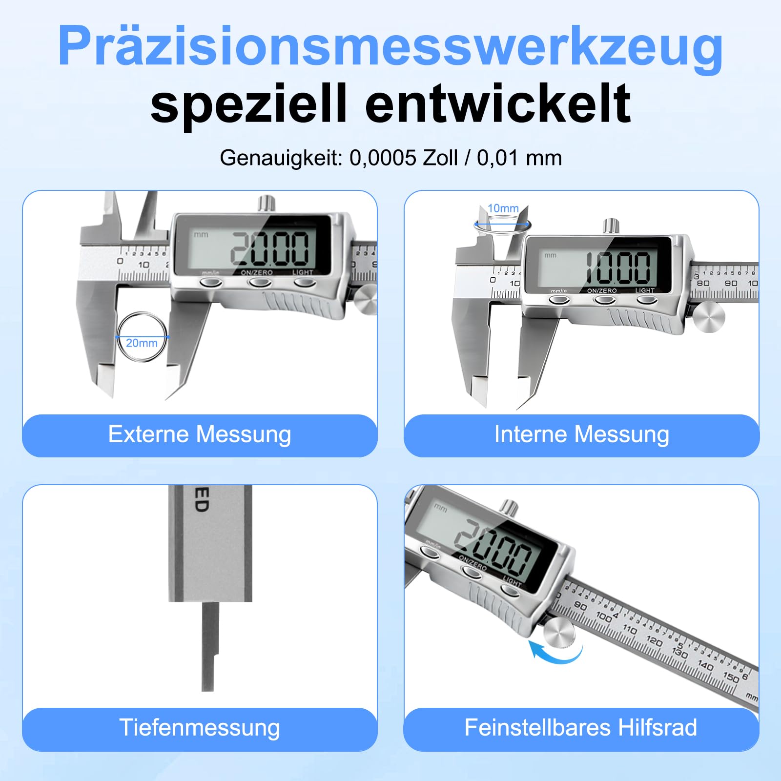 Digitaler Messschieber 150mm Edelstahl, USB-C Wiederaufladbar, IP54 Schutz, ±0,02 mm Präzision, Schieblehre mit Beleuchtetem LCD-Display, mm/Zoll