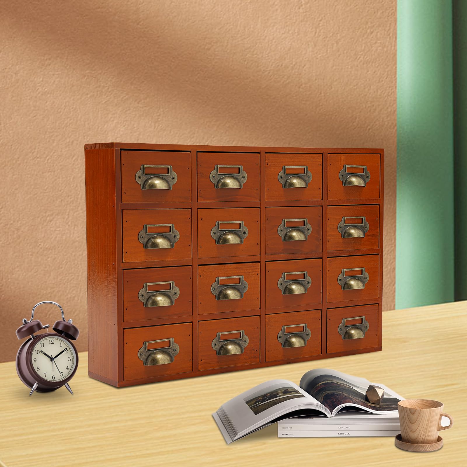 16 Drawers Wooden Desk Drawer Organizer, Wooden Storage Box Medicine Organizer Desktop Storage Cabinet, Box Drawers For Store Cosmetics, Files, Tea (