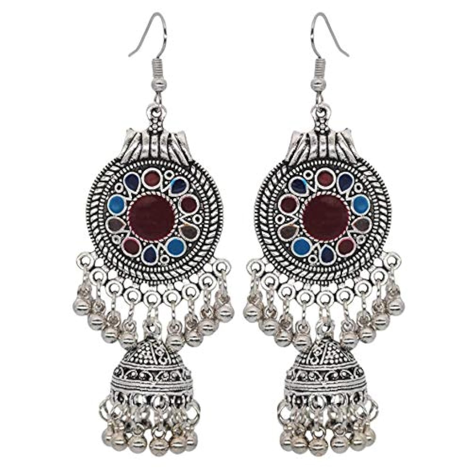 MANLOUFUSHI Gypsy Jewelry Retro Ethnic Silver Indian Jhumka Small Bells Oil Drop Tassel Earrings for Women Bohemian Party Gift (Style 8), Copper, 无宝石