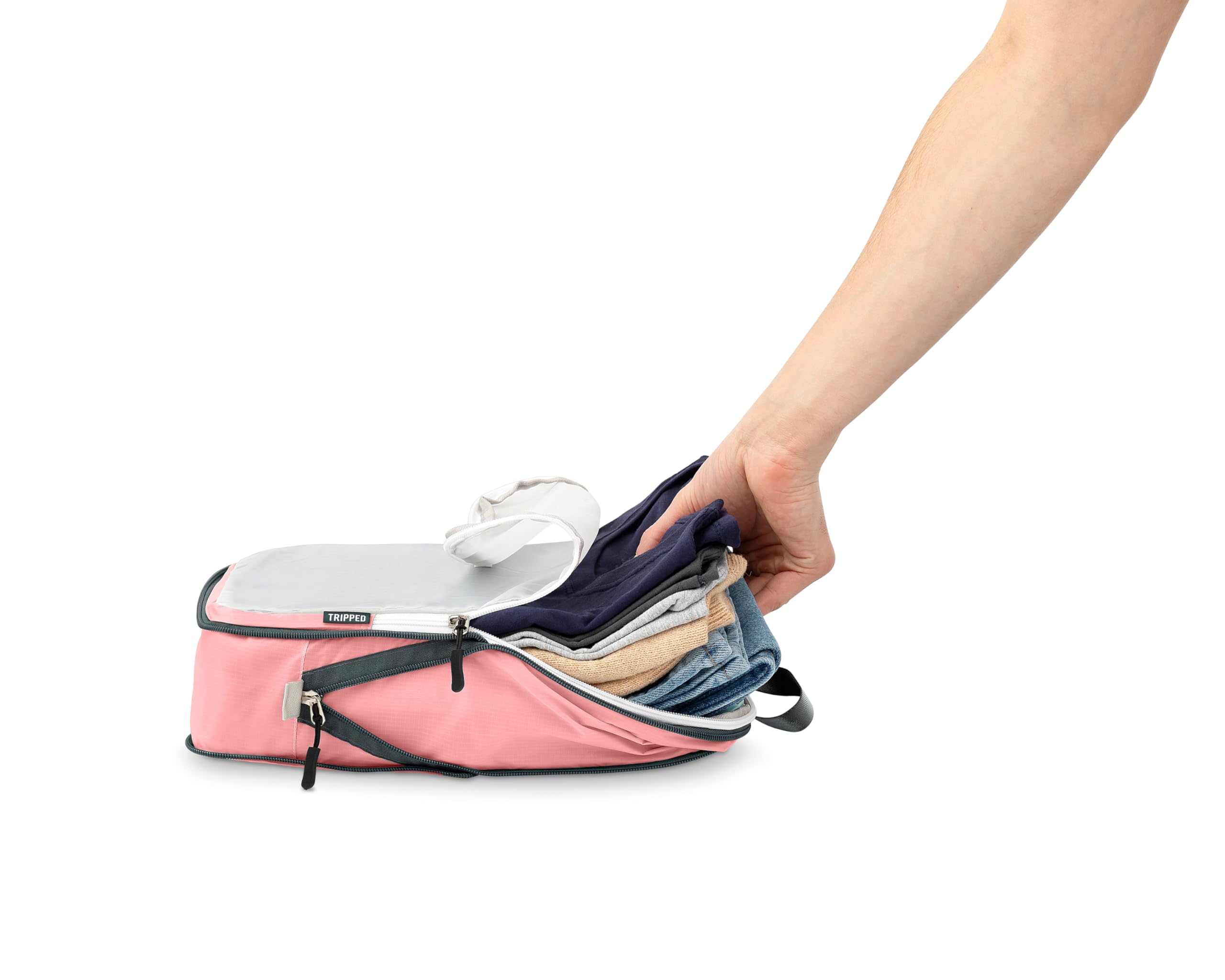 TRIPPED Travel Gear Großes Packwürfel-Set mit durchsichtigem Netz, Kompressions-Verpackungswürfel, Reise-Organizer (Dusty Rose)