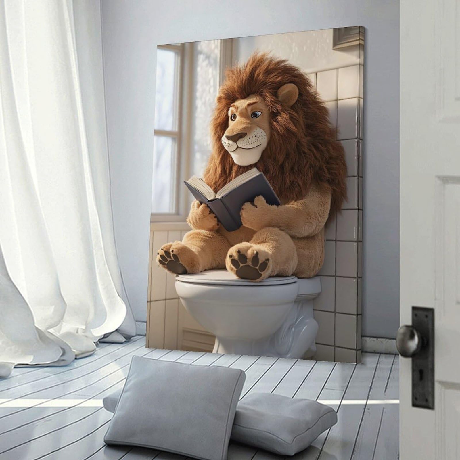 Junmoney Wall Art Print Lion Reading Book on Toilet, 20x30inch(50x75cm), for Study, Office Or Focused Interiors, Decorative Artwork for Productive Spaces