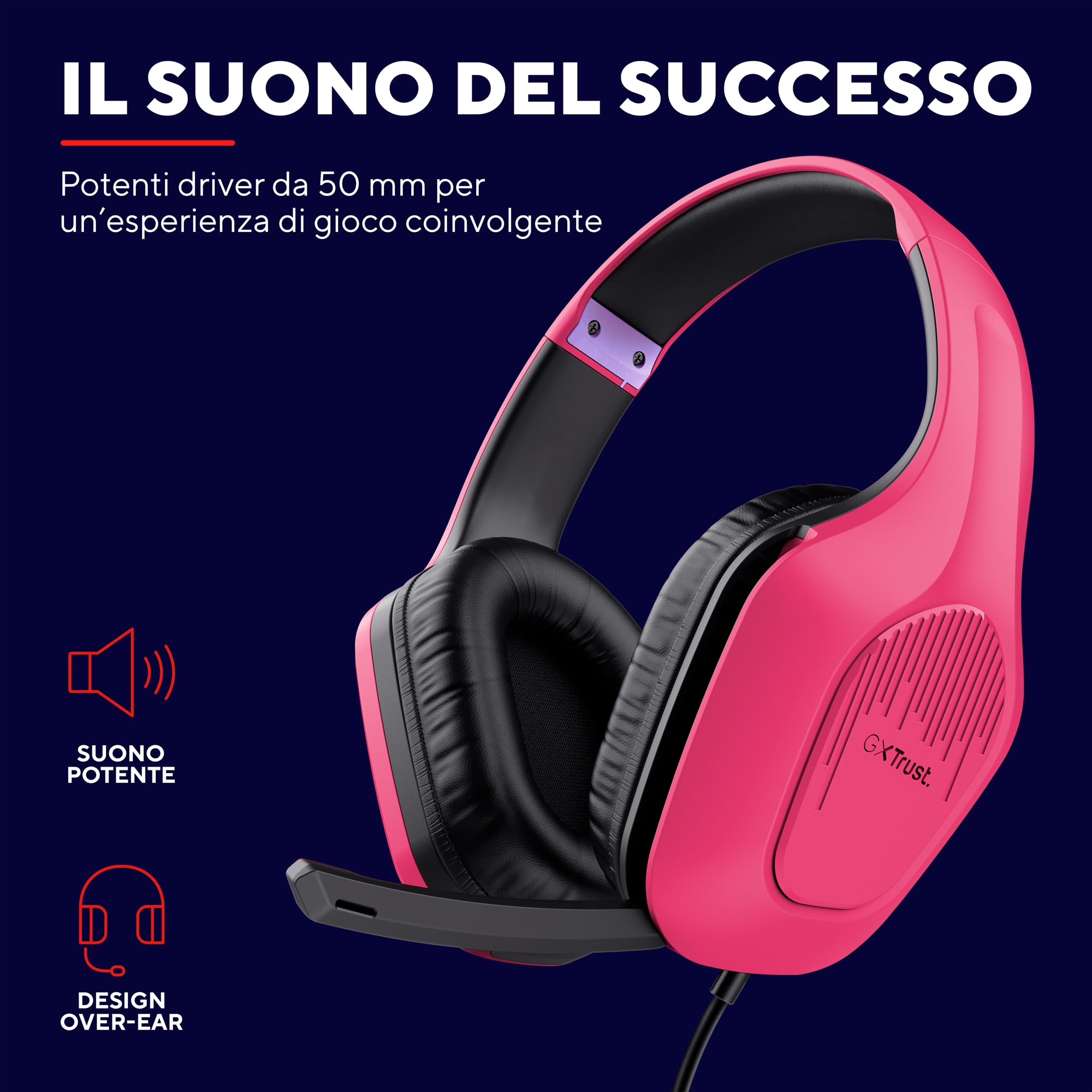 Trust Gaming GXT 415P Zirox Cuffie Gaming Leggere con Driver da 50 mm per PC, Xbox, PS4, PS5, Switch, Mobile, Jack Audio 3.5 mm, Cavo 2m, Cuffie con Microfono Over-Ear - Rosa