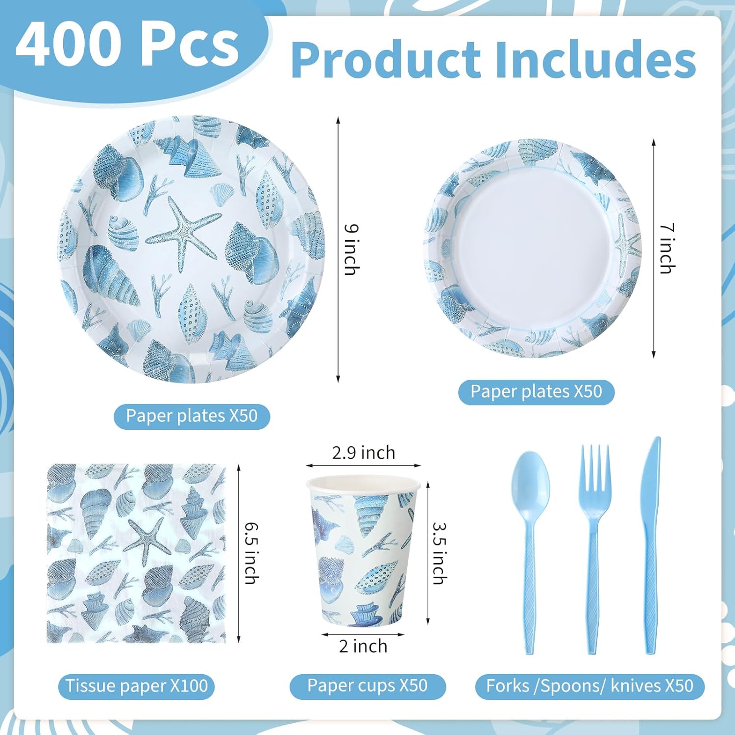 Pickmesh 400 Pcs Under The Sea Party Decoration Set, Ocean Seashell Paper Plates and Napkins, Shell Cups and Cutlery Supplies Ocean Themed Birthday Party Tableware, Serve for 50 Guests
