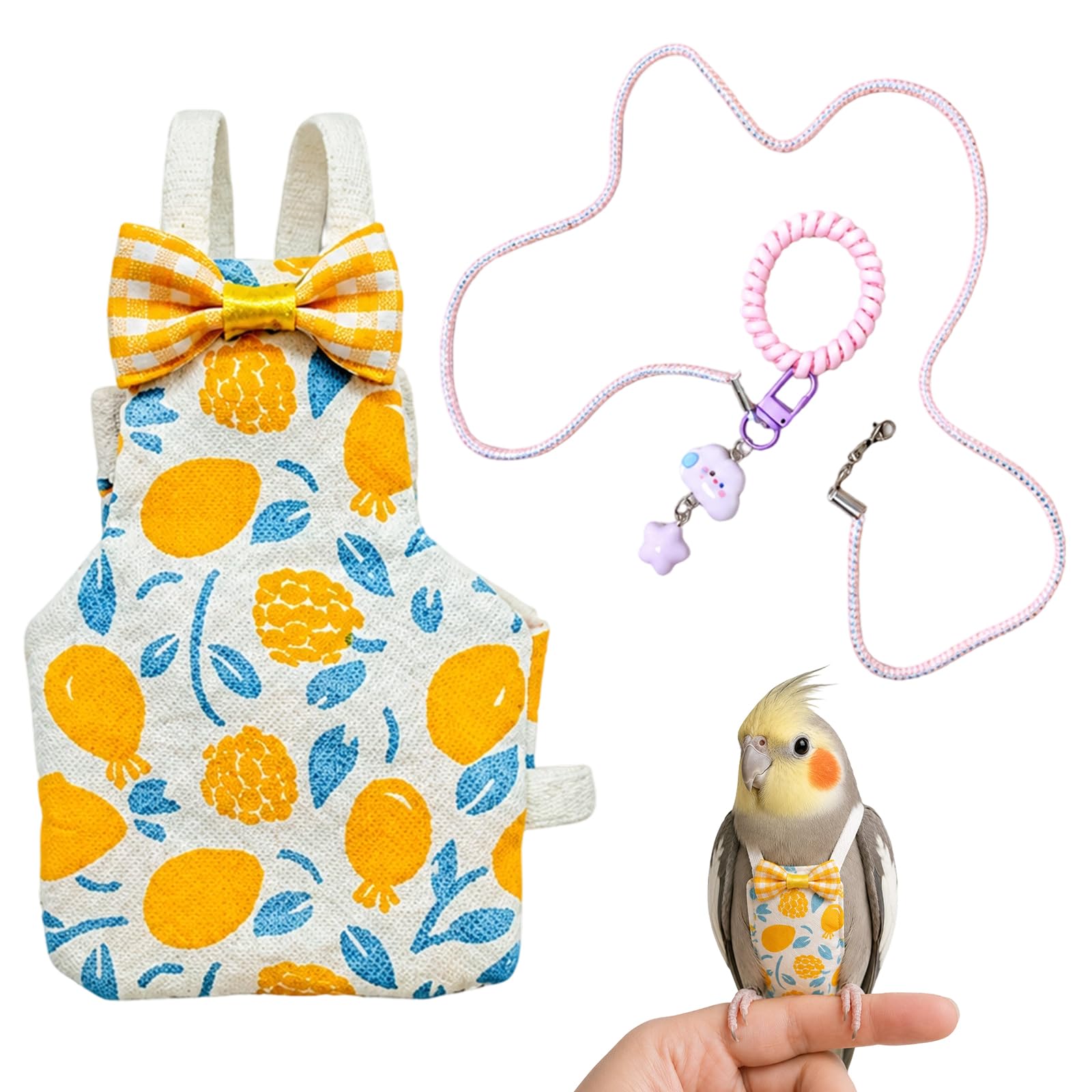 BATSEREN Bird Harness and 140cm Bird Leash, Pink Lemon Pattern Parrot Flying Clothes, Size M Green Cheek Conure Harness, Parrot Harness for Outdoor Bird Walking
