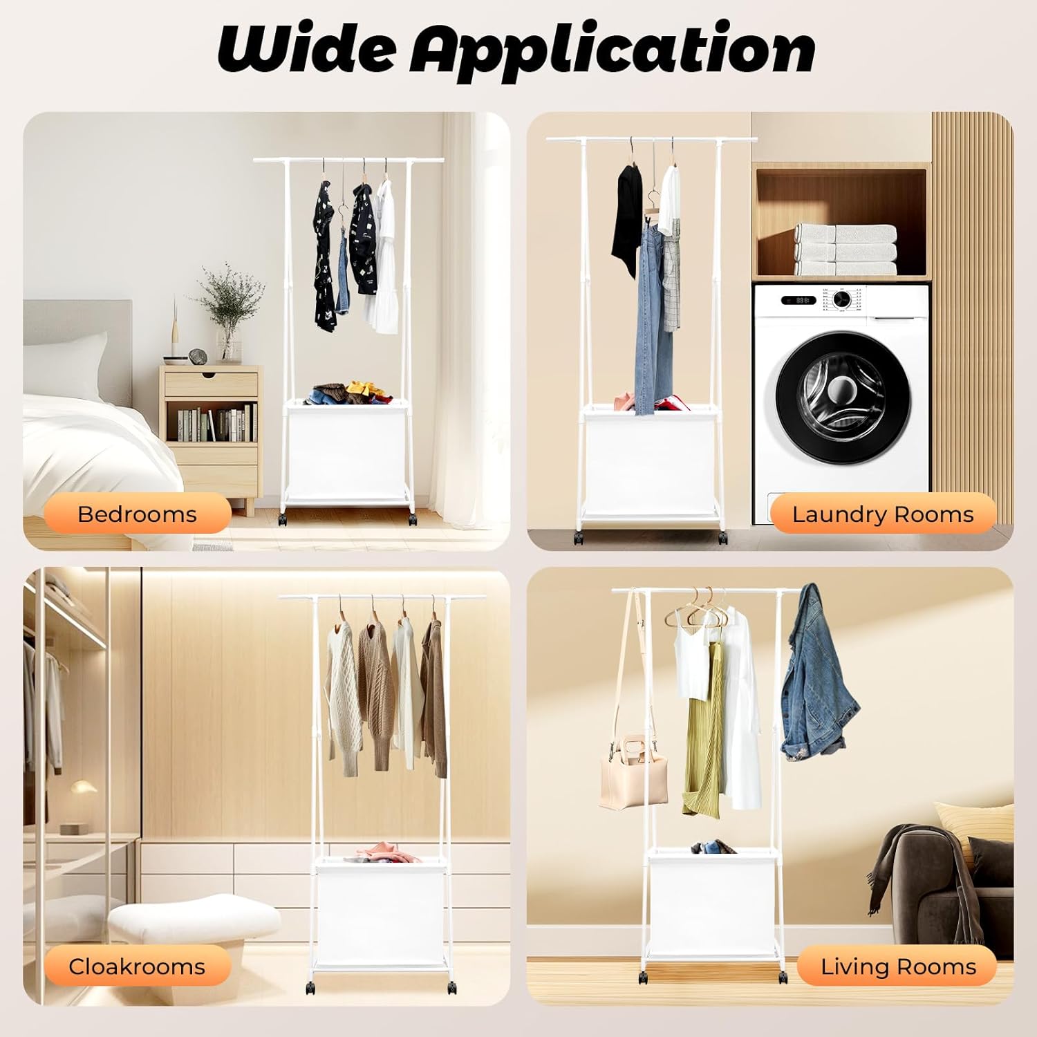 Laundry Cart with Hanging Rack, Fabric Laundry Hamper with Wheels, Small Clothes Rack with Fabric Basket Organizer Clothes Sorter for Hotel Home (21.7" x 16.5" x 63", White)