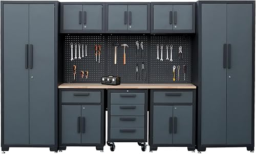Tsnritor 9-Piece Garage Cabinet System with Workbench, Lockers, Pegboard & Rolling Tool Chests - 130 Inch Heavy Duty Steel Set Tsnritor 9-Piece Garage Cabinet System with Workbench, Lockers, Pegboard & Rolling Tool Chests - 130 Inch Heavy Duty Steel Set