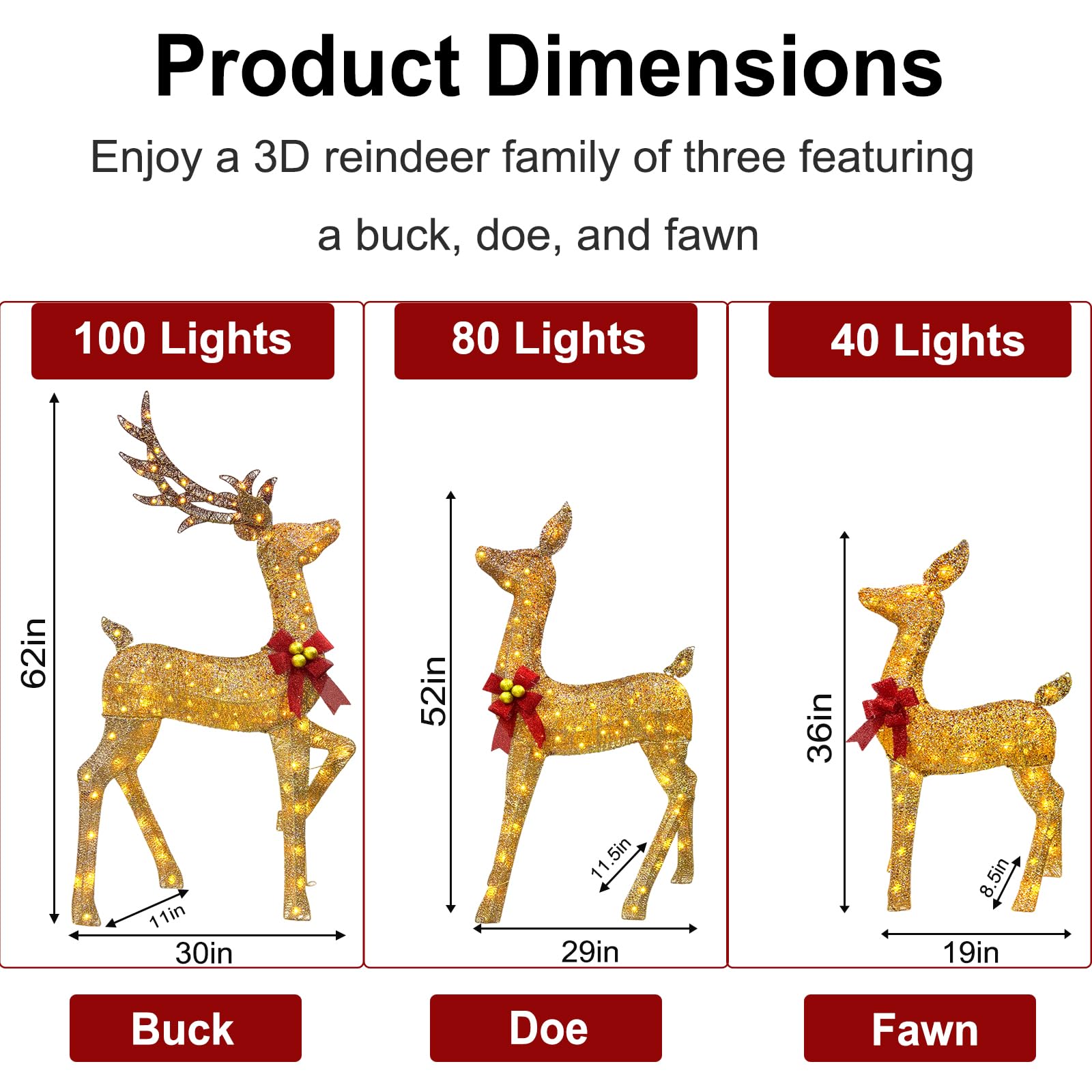 Lot de 3 grandes familles de cerfs de Noël lumineux 3D avec 220 lumières LED, prise - Doré