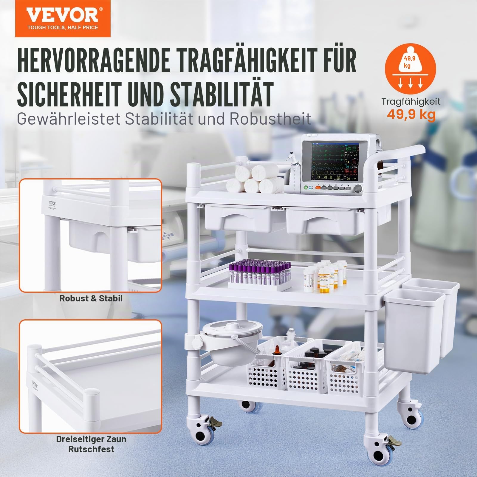 VEVOR Laborwagen Medizinwagen mit 3 Ablagen und 4 Rädern, Rollbarer Laborwagen PP-Material, 50 kg belastbarer Servierwagen Medizinischer Wagen für Labor, Klinik, Krankenhaus, Salon, 645 x 445 mm