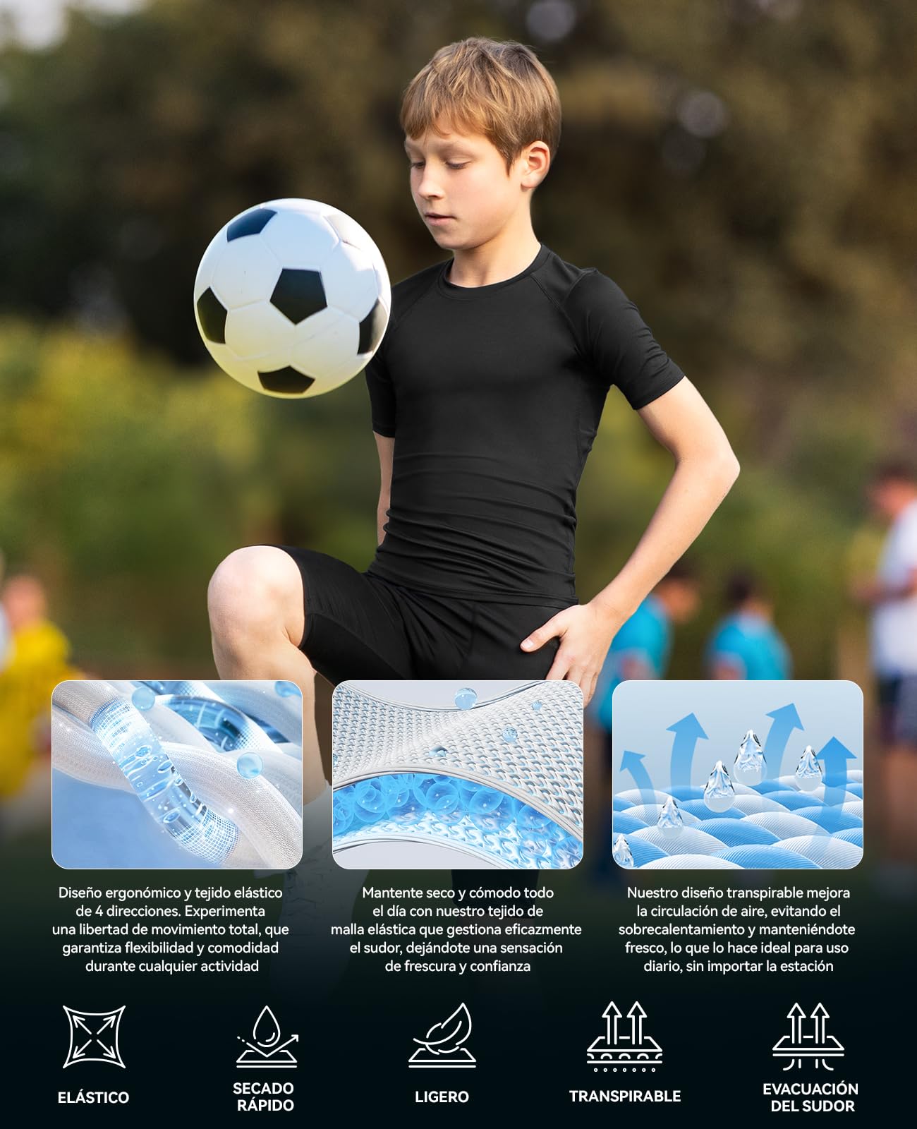 Niksa Camisetas de compresión para niños transpirable secado rápido manga corta costura plana entrenamiento fútbol