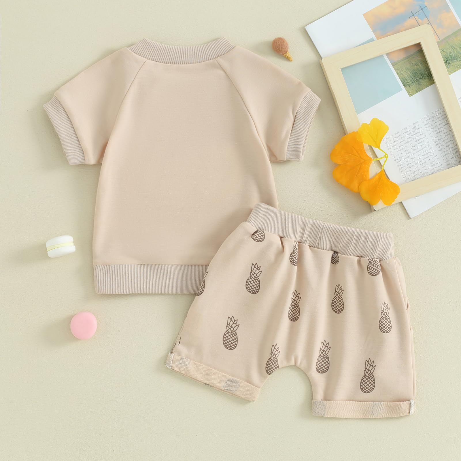 Toddler Baby Girl Boy Summer Clothes Short Sleeve Cute Tshirt Crewneck Top Pineapple Shorts Outfit Set 0-3T (Beige, 12-18 Months)