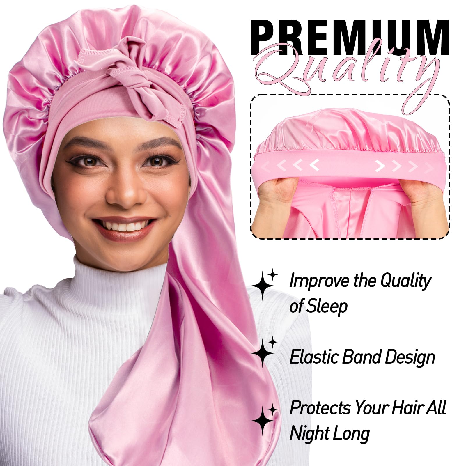 3 x Hauben für schwarze Frauen, große lange Satinhaube zum Schlafen, schwarze Seidenhaube mit dehnbarem Bindeband, Schlafhaube für langes lockiges Haar (Schwarz & Rosa & Leopard), Schwarz, Rosa und