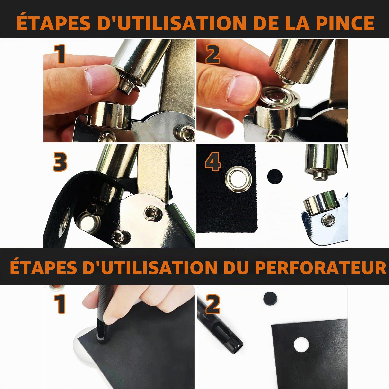HAPDEN Oeillets Métalliques Kit 6mm et 10mm, Pince à Oeillets pour Bâches et Tissus, set d'oeillets pour Bâches avec 200 Oeillets et Kit d'outils