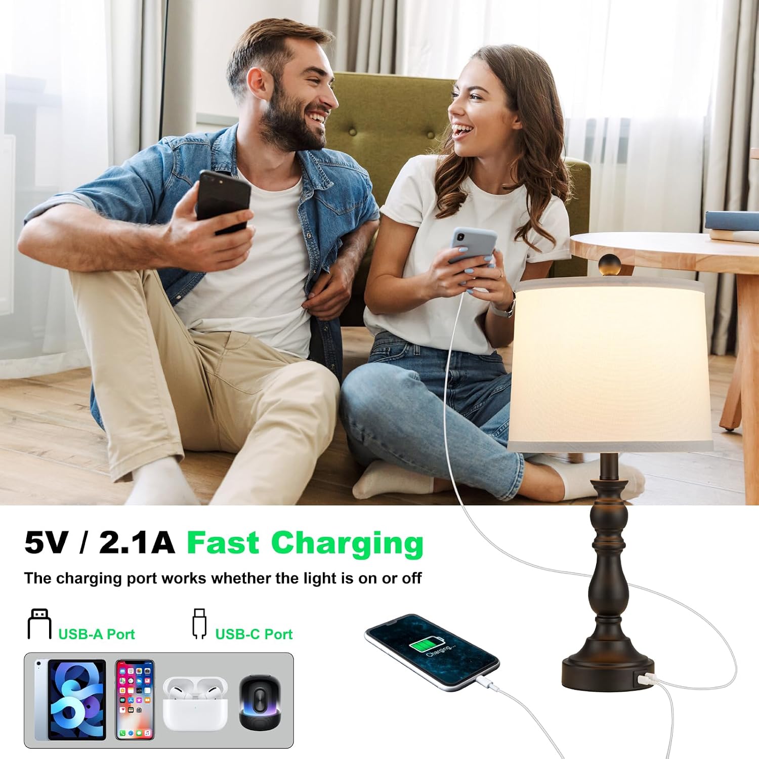 Farmhouse Side Table Lamps for Living Room Set of 2 with USB C+A Ports, Bedside Lamp for Bedroom, Dining Room Decor, Office, End Table, Knob Switch, 3 Color Temperatures, Bulb Included, Black thumbnail