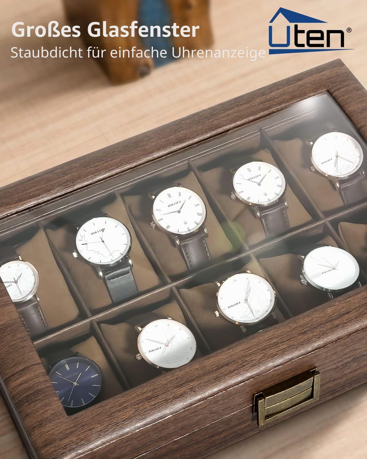 Uten Uhrenbox mit 10 Fächern Holzoptik PU - 10 Uhren