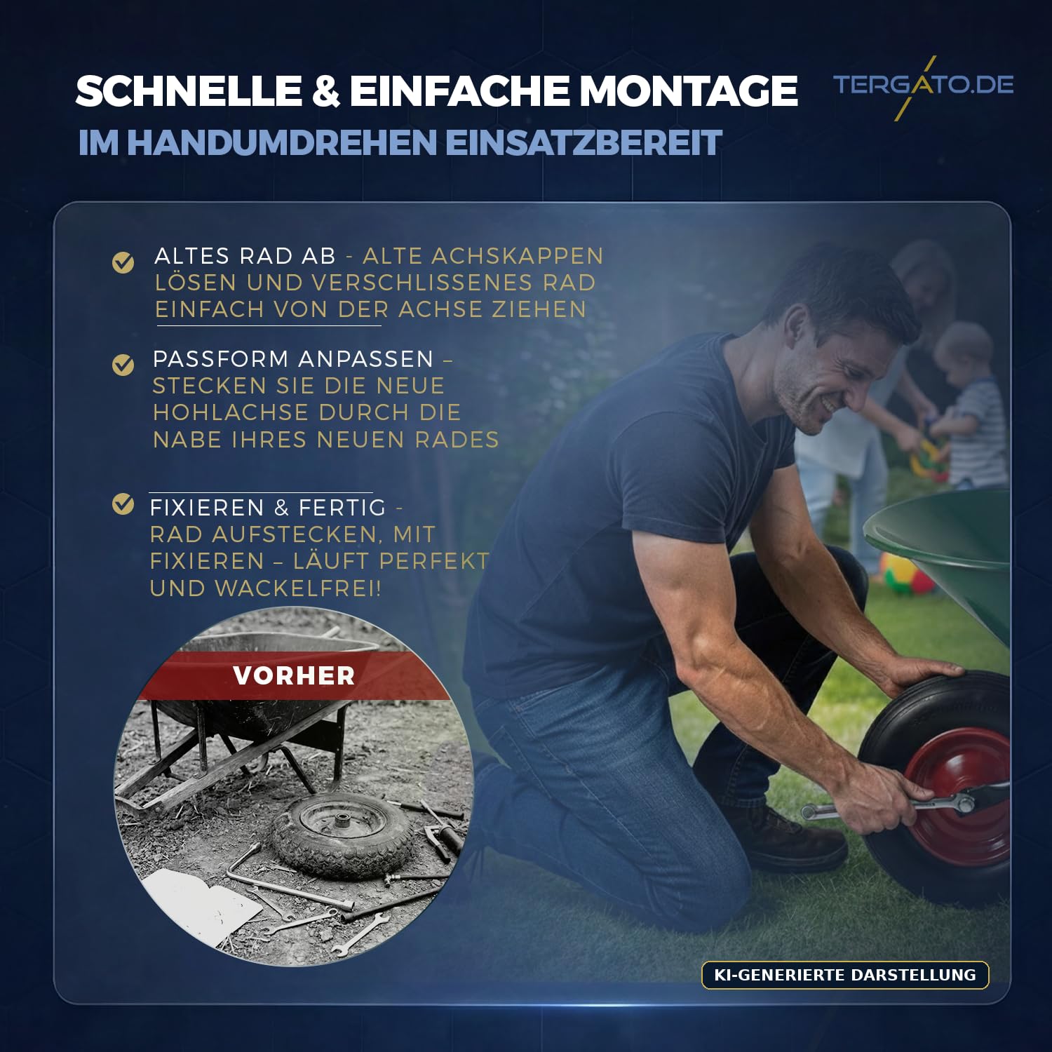 Lot de 2 roues de brouette anti-crevaison avec 2 essieux (130 mm) de la marque Tergato - Charge totale : 300 kg - Pneus en caoutchouc PU de 400 mm non crevables - Jante en acier rouge