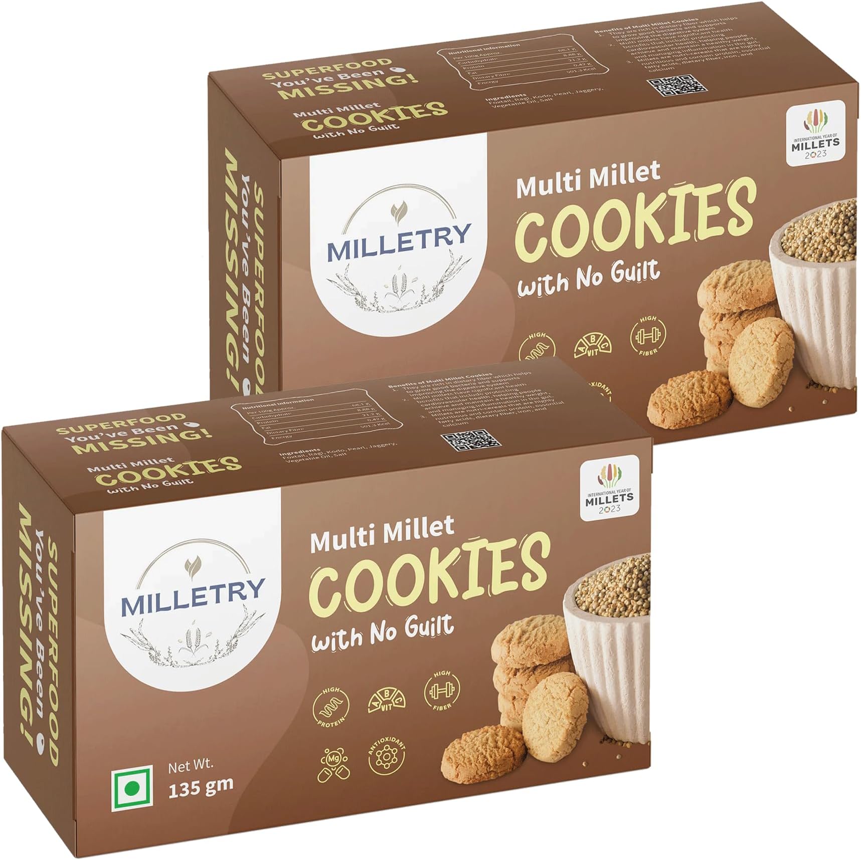 Multi Millet Cookies Combo | Pearl, Ragi, Kodo & Jaggery | High Fiber, High Protein, No Maida, Guilt Free | Pack of 2 x 135gm