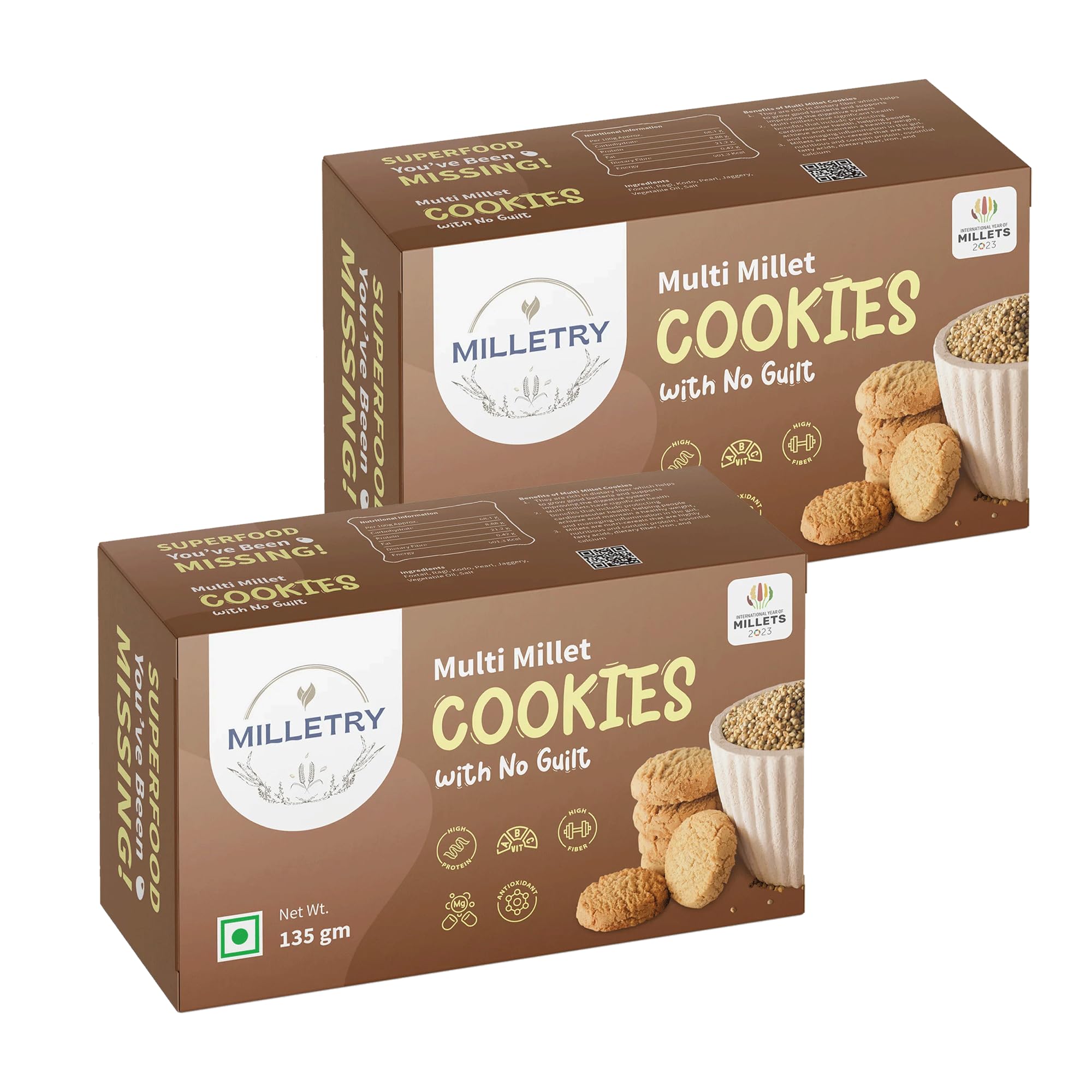 Milletry Multi Millet Cookies Combo | Pearl, Ragi, Kodo & Jaggery | High Fiber, High Protein, No Maida, Guilt Free | Pack of 2 x 135gm