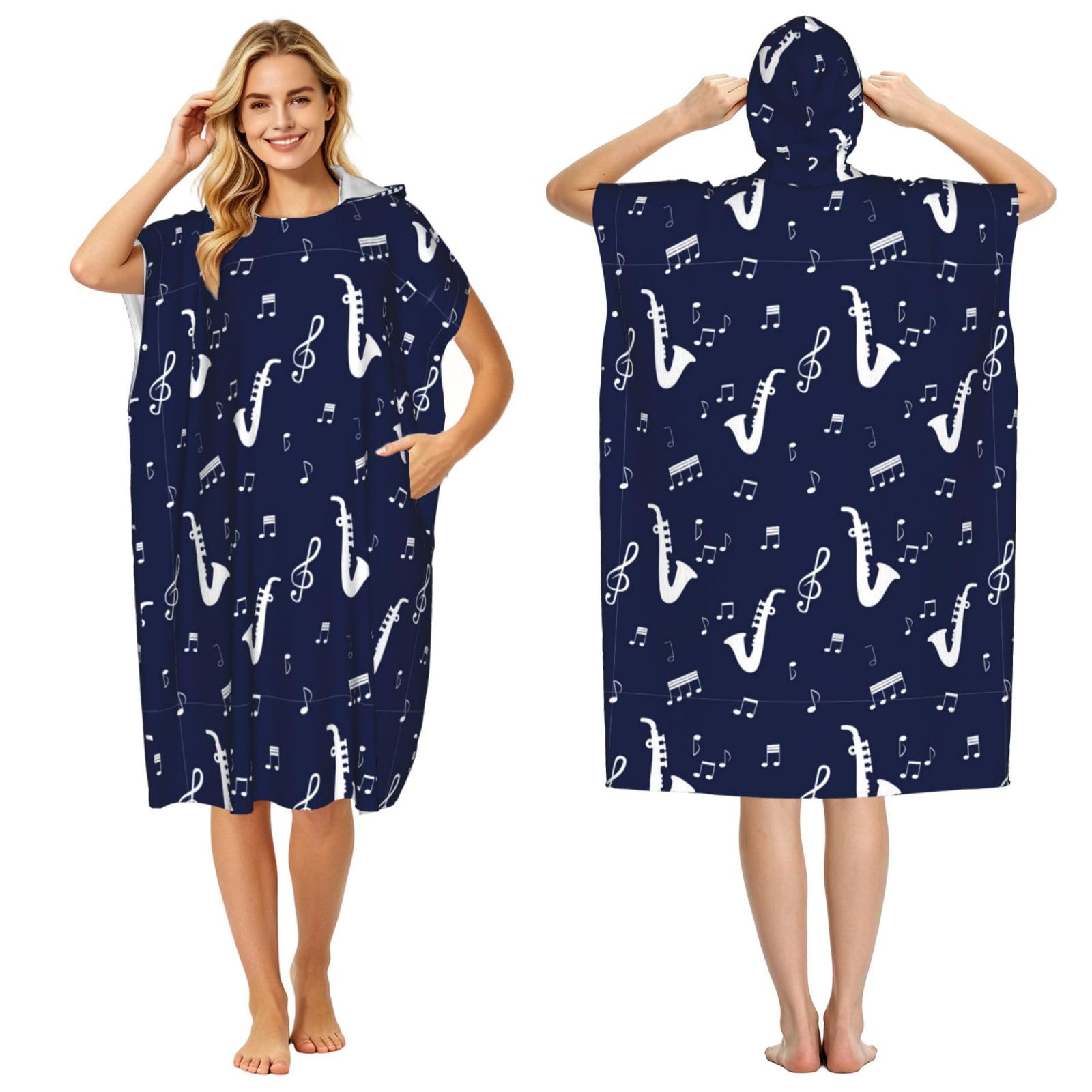 Poadnly Music Notes Saxophones, Adult Hooded Beach Towel 90 x 110 cm,Changing Bath Robe, Surf Poncho Towel For Women Men