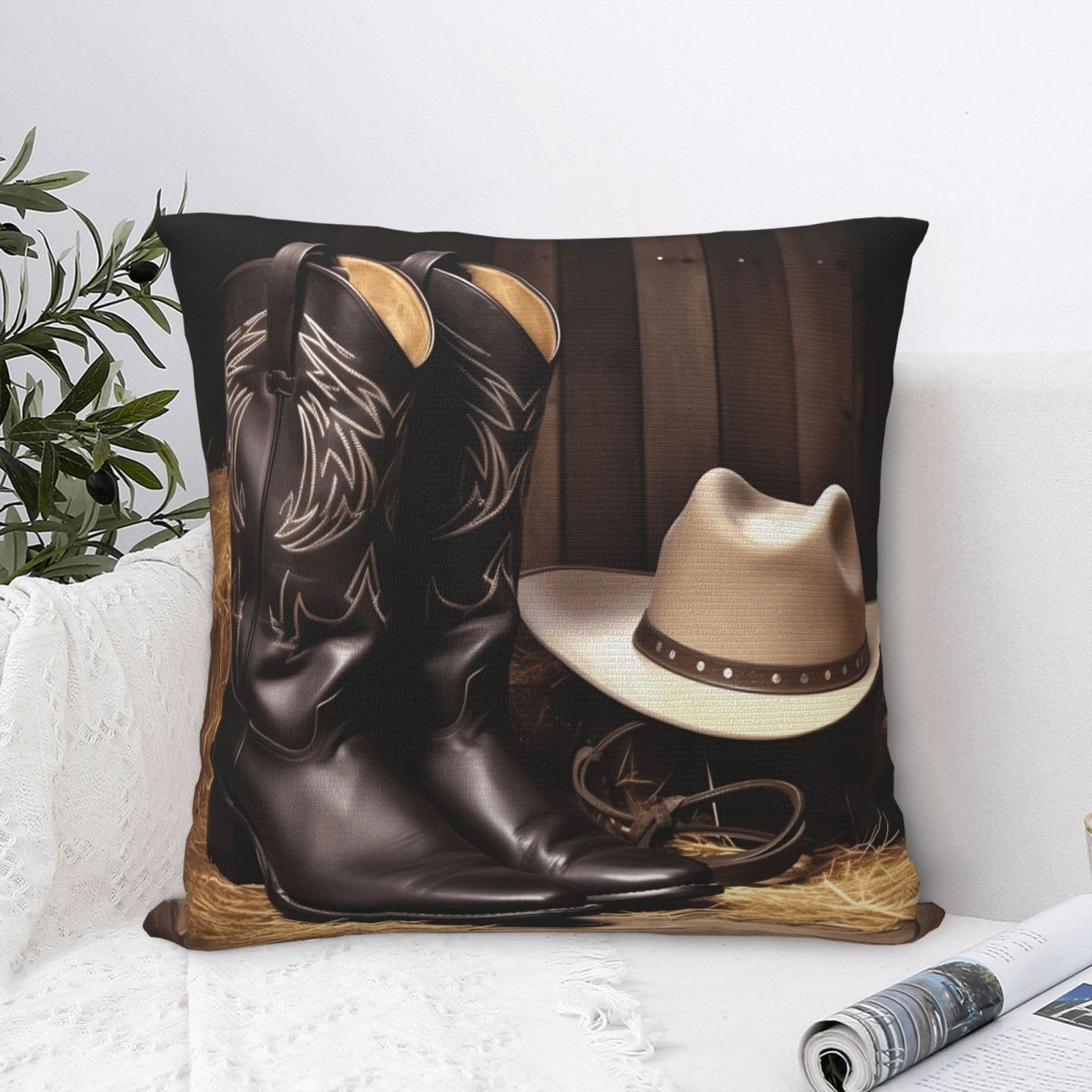 FodPand Luxury Velvet Throw Pillow Covers 24"x24" Super Soft Decorative Pillow Cases - Cowboy Black Hat Western Boots Pillowcases Modern Lumbar Cushion Cases for Couch Sofa Bed Pillow Shams