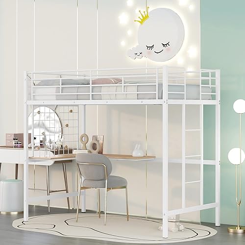Miniatura 3 de GLORHOME Cama alta de metal tamaño individual con escritorio, rejilla de metal y gran espacio debajo de la cama, perfecta para dormitorio de niños y