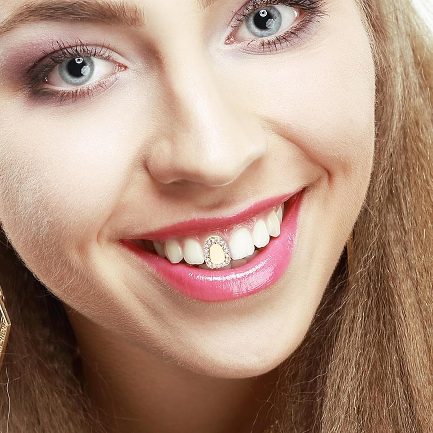 Single Gold Plated Hip Hop Mouth Grill with Diamond Accent, Rapper Teeth Grill for Adults, Metal Jewelry for Men and Women