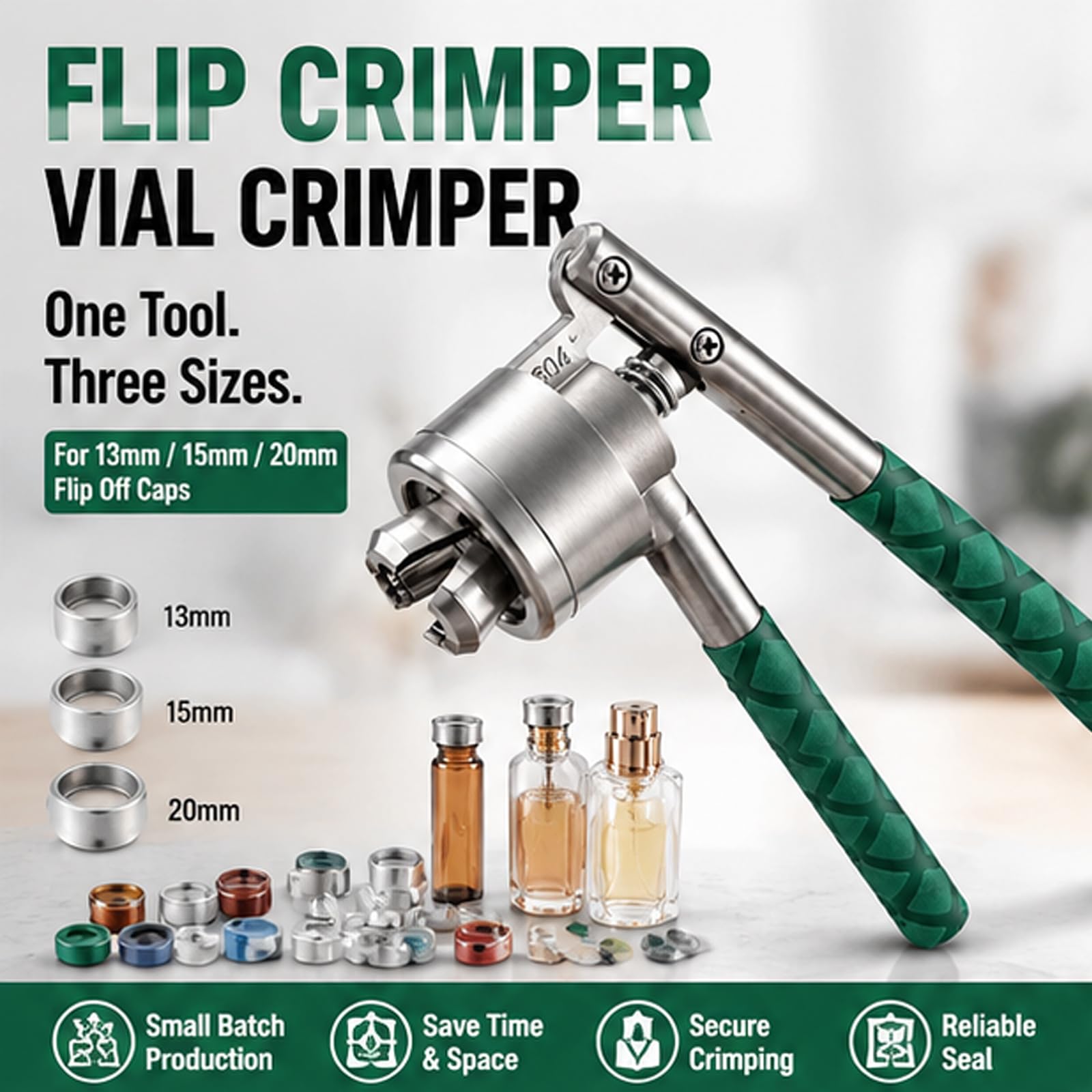 Zaciskarka do fiolek Flip Crimper do sztucznego i aluminium | Regulowana, ręczna zgrzewarka 13/15/20 mm, z antypoślizgowym uchwytem(blue,20mm)