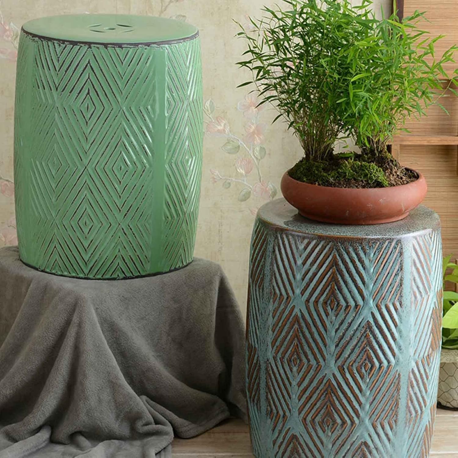 Decorative garden stools, Antique and Old Glass-glazed Ceramic Stools, Chinese Round Stools, Ancient Pier Ornaments, Decorative Indoor/outdoor Ceramic Drum Stools.(Sky blue)